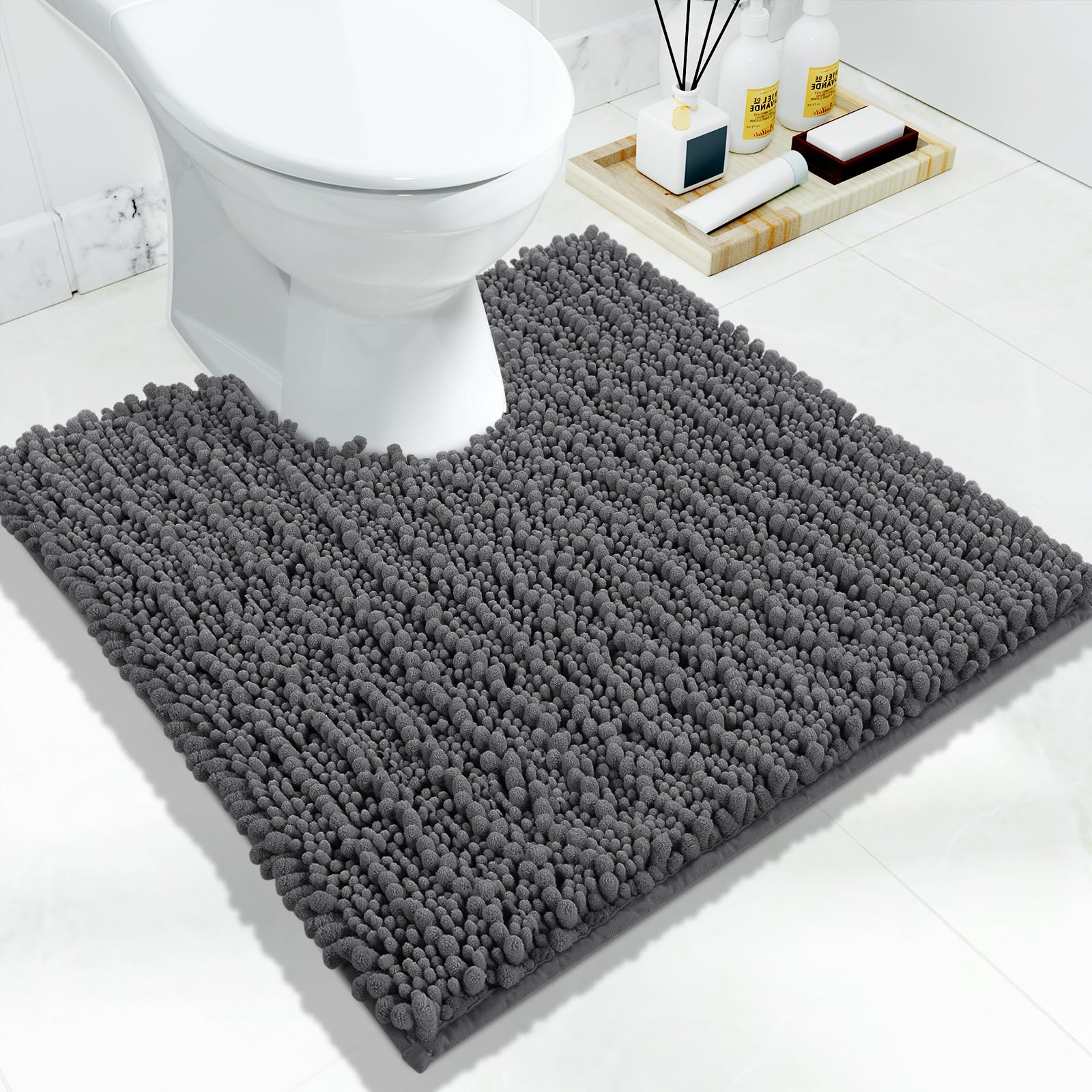 Yimobra Toilet Rug U Shaped Washable 24x24 Inch - Ultra Soft Absorbent Chenille Bath Rugs for Toilet, Quick Dry & Machine Washable, Non Slip Contour