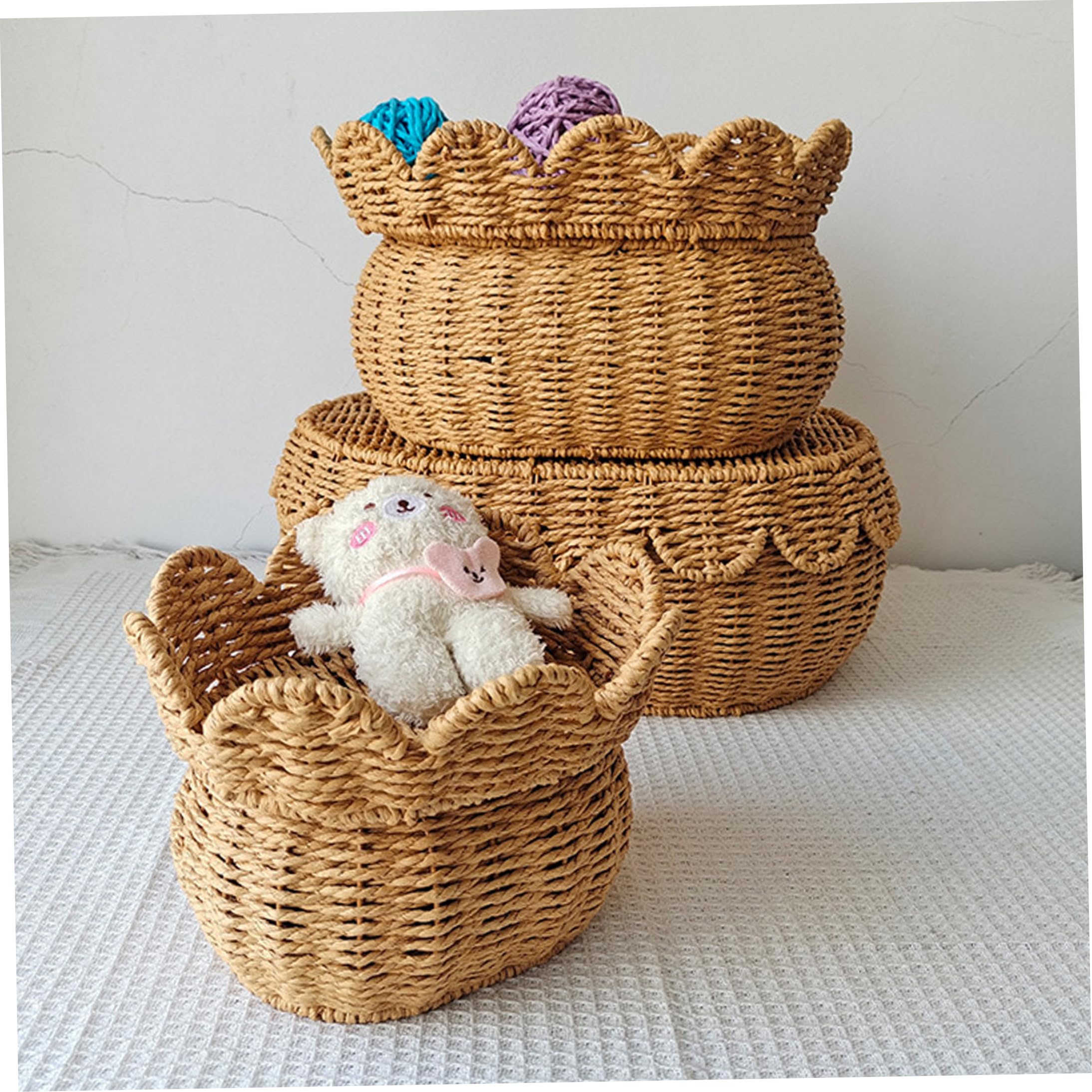 Cesta festoneada con tapa, 3 cestas de mimbre con tapa, cestas de almacenamiento naturales tejidas a mano para baño y guardería, 3 tamaños