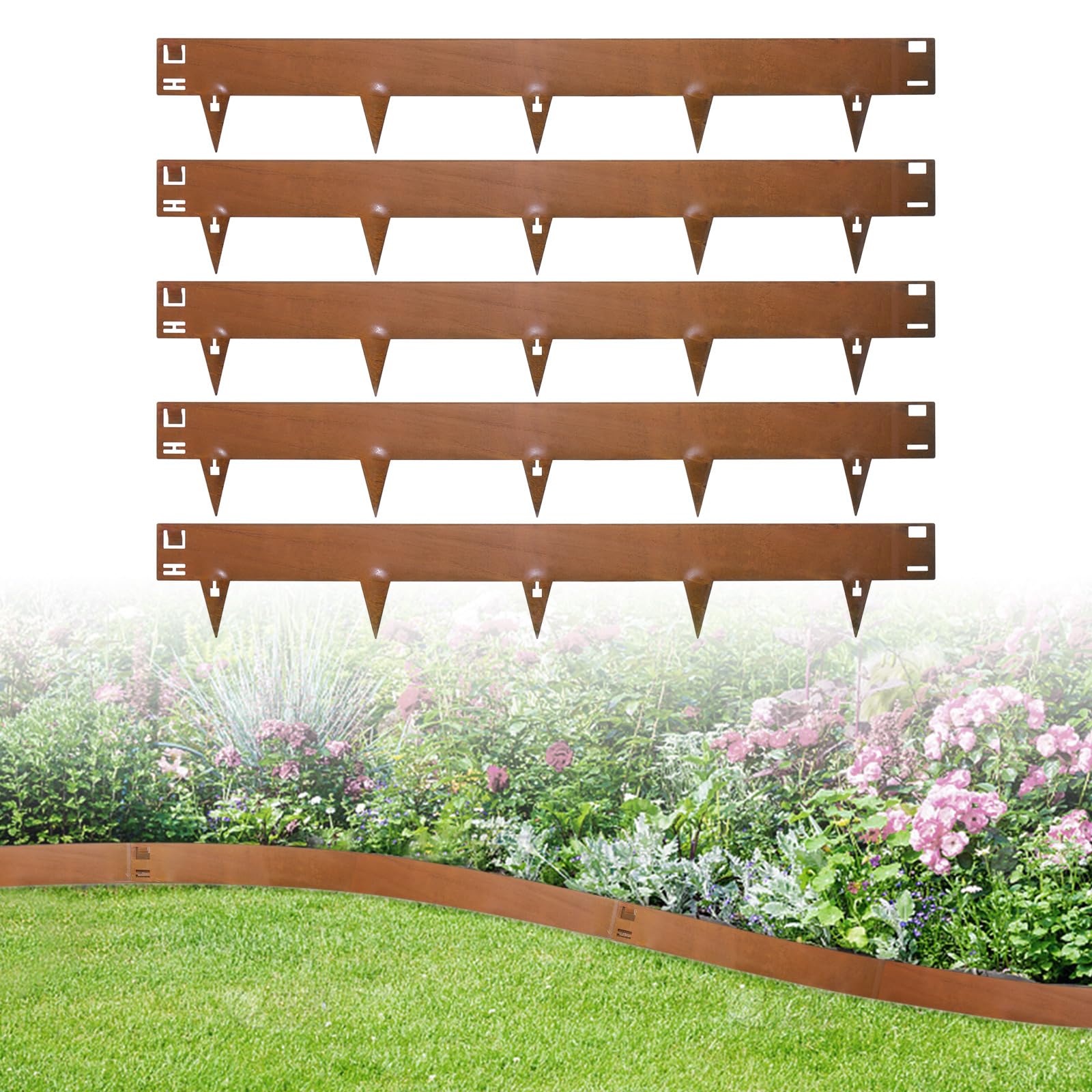 Keleef 5pcs Lawn Edging Border 3.5ft, 20CM Face Height Corten Steel Garden Edging, Border Edging, Pathway Edge Strip, DIY Landscape Border for Trees, Flower Beds, and Plants