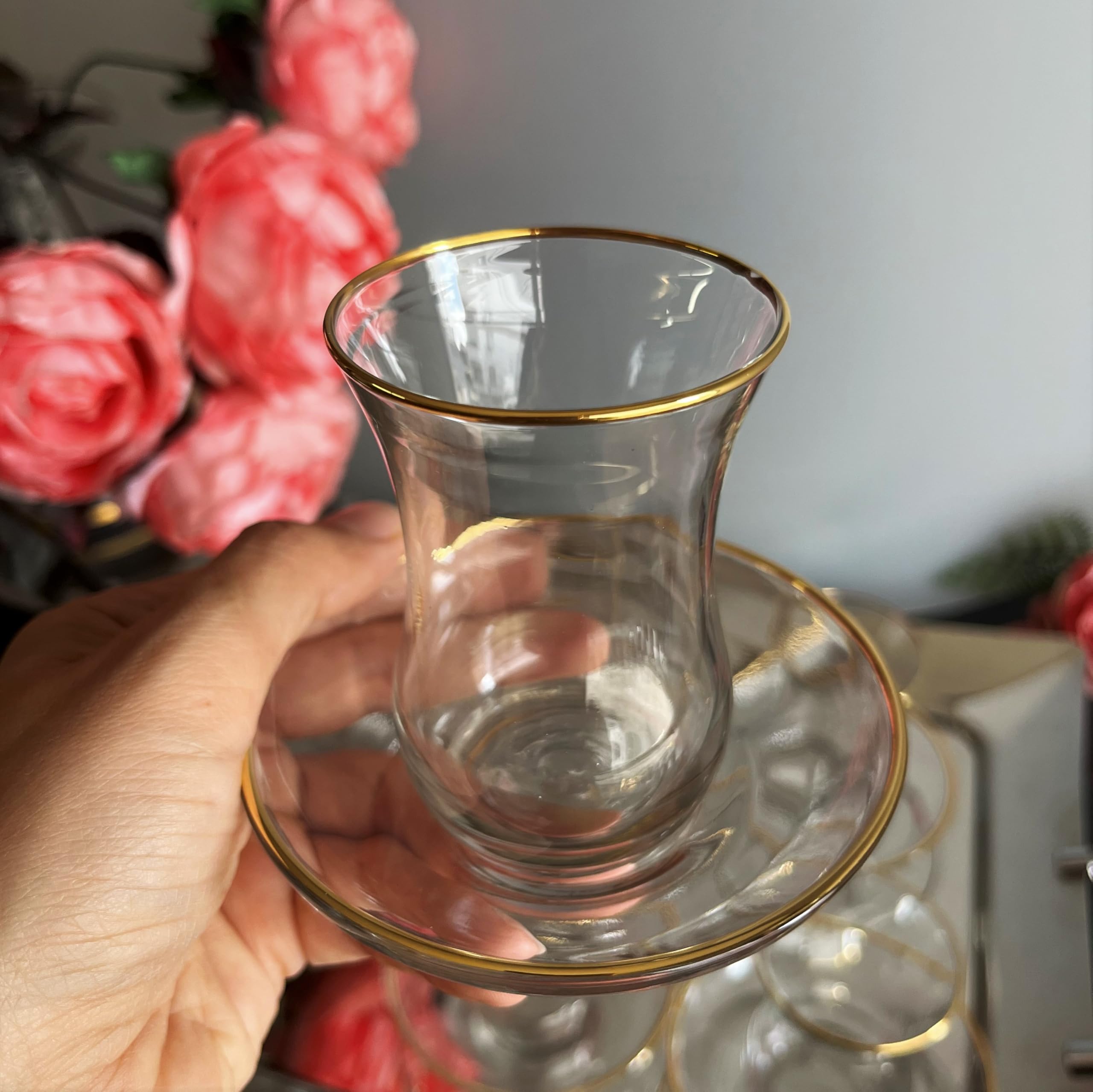 Erdem Kristal Turkish Tea Cups and Saucers, Set of Six, Teacup, Clear Glass Cup and Saucer Set, Gold Accented, Ideal use for coffee, espresso and cold drinks (4)