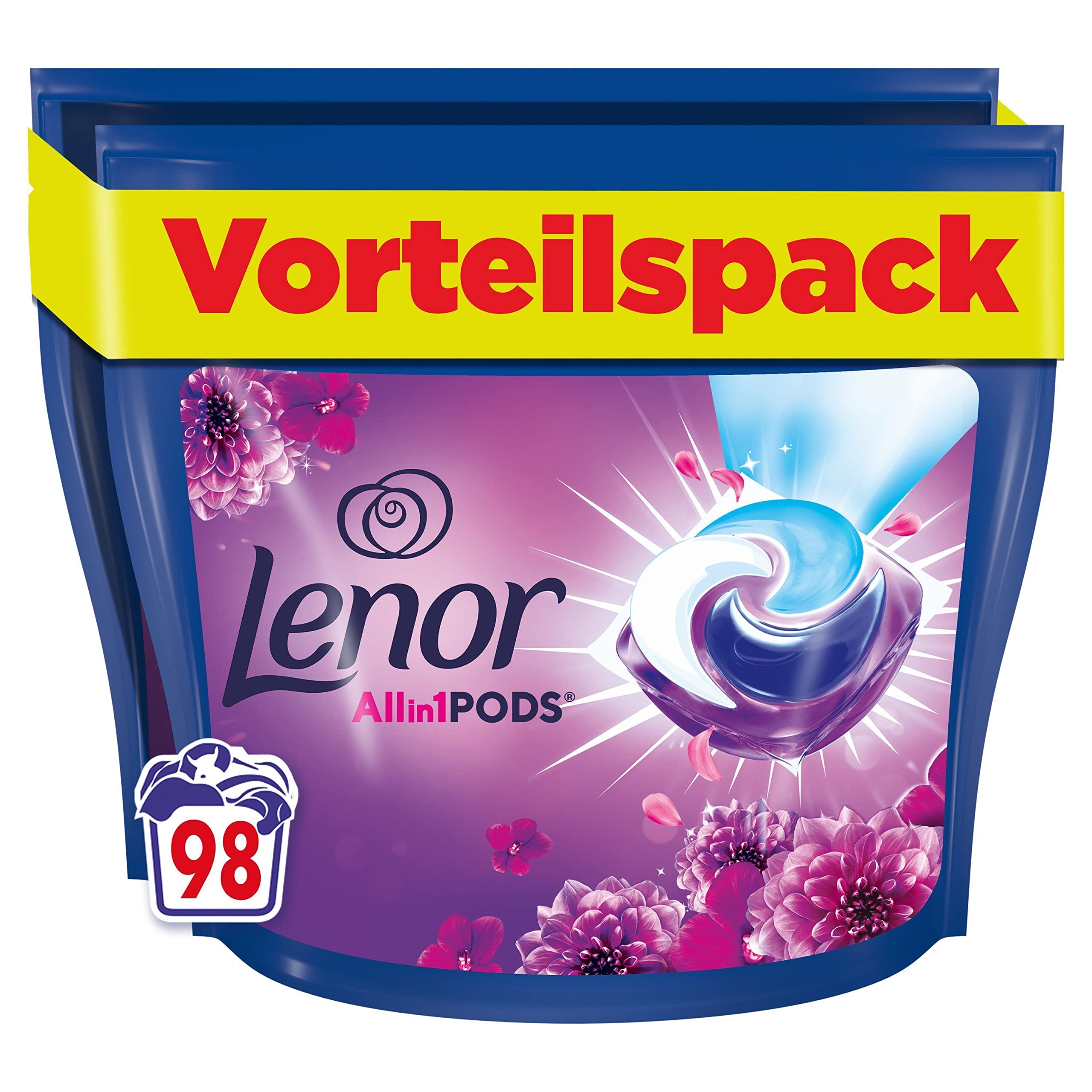 Lenor Colorwaschmittel Allin1 PODS Amethyst Blütentraum 98 Waschladungen, Hygienische Tiefenreinigung und Lang Anhaltende Frische