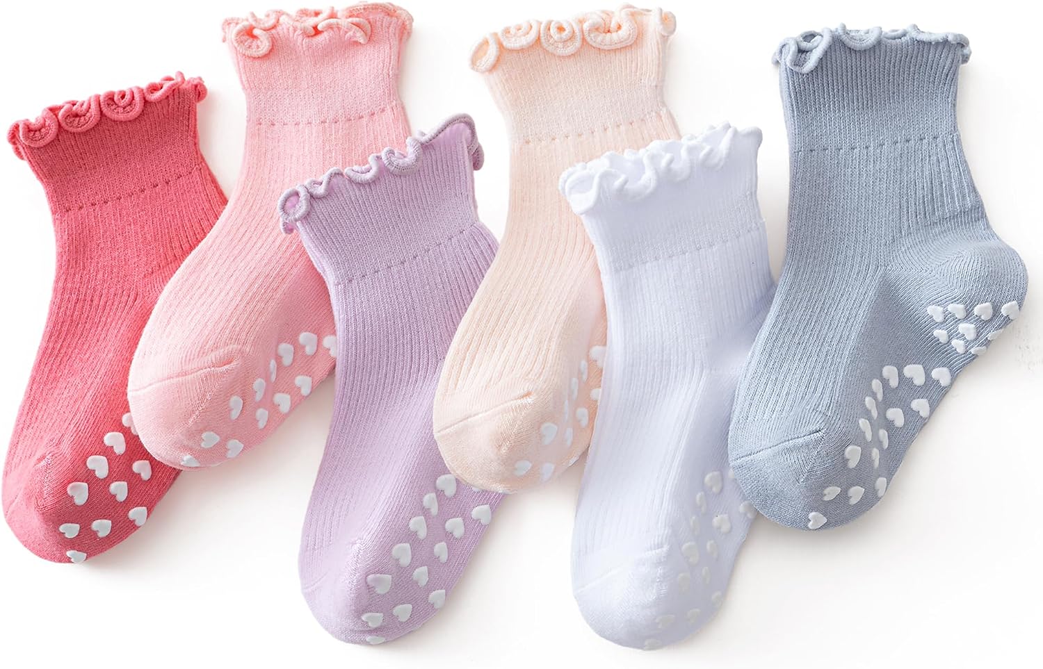 Mcool Mary Toddler Ruffle Socks for Girls,Baby Grip Socks with Non-Slip, Cute Grippy Lettuce Frilly Sock,6 Pairs(3-9Y)