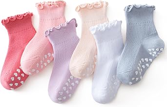 Mcool Mary Toddler Ruffle Socks for Girls,Baby Grip Socks with Non-Slip, Cute Grippy Lettuce Frilly Sock,6 Pairs3-9Y