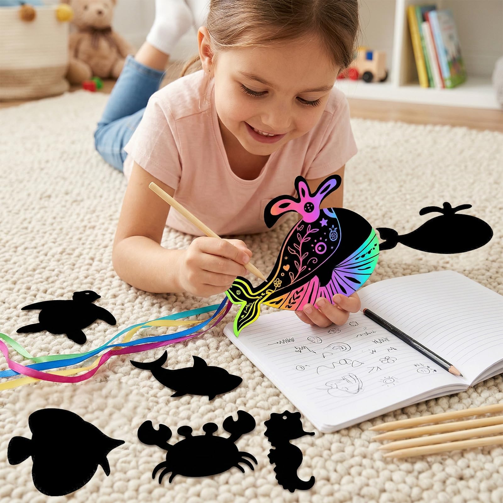 48 unidades de animales marinos para rascar, papel rascador de arco iris, con palos de madera y cinta, manualidades para el mundo submarino, fiestas, cumpleaños, fiestas, regalos