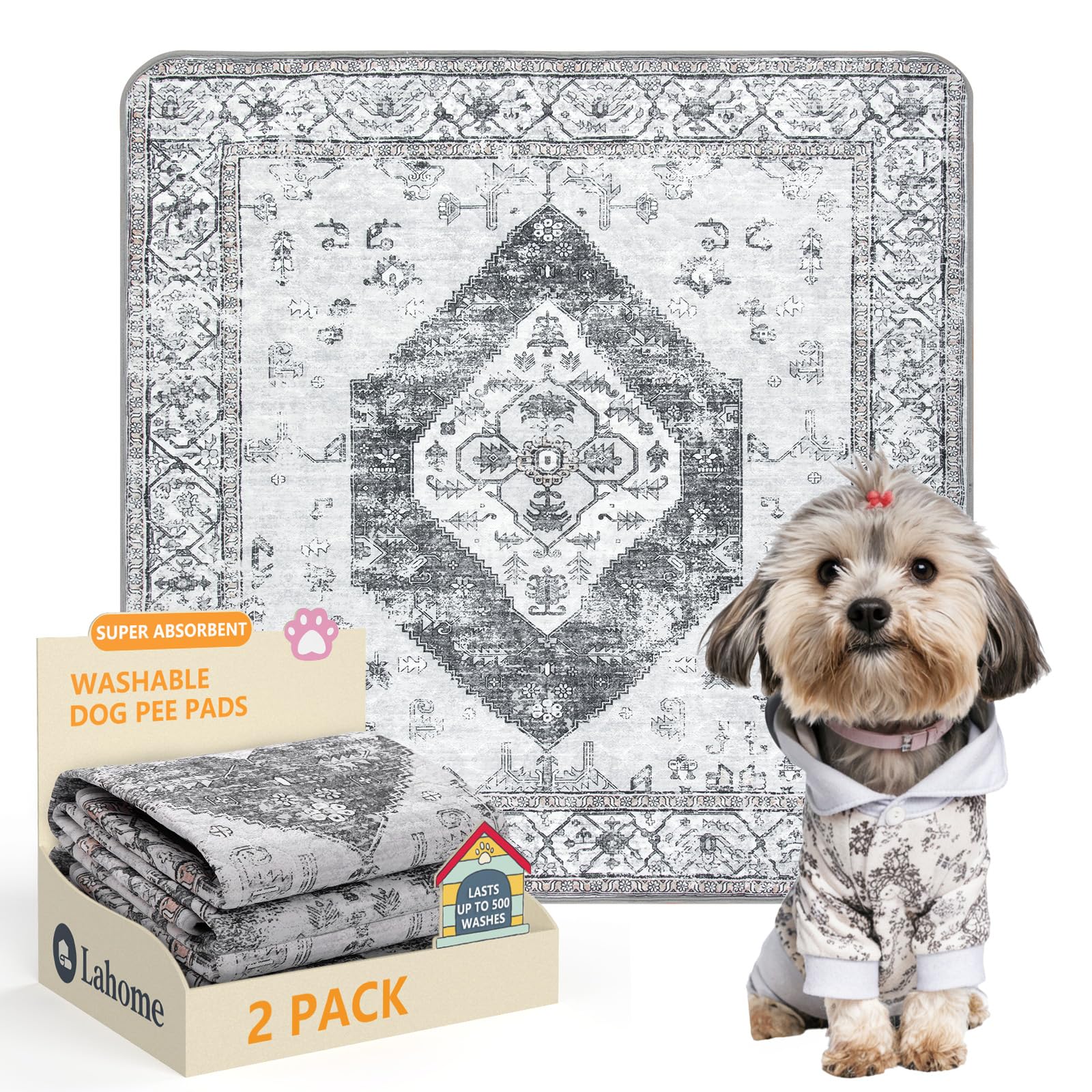 Lahome Super Absorbent Washable Pee Pads for Dogs - Secure Floor Protection - Non-Slip, Leakproof Reusable Pads for Training, Crates &amp; Playpens (2 Pack, 36"x36", Gray)