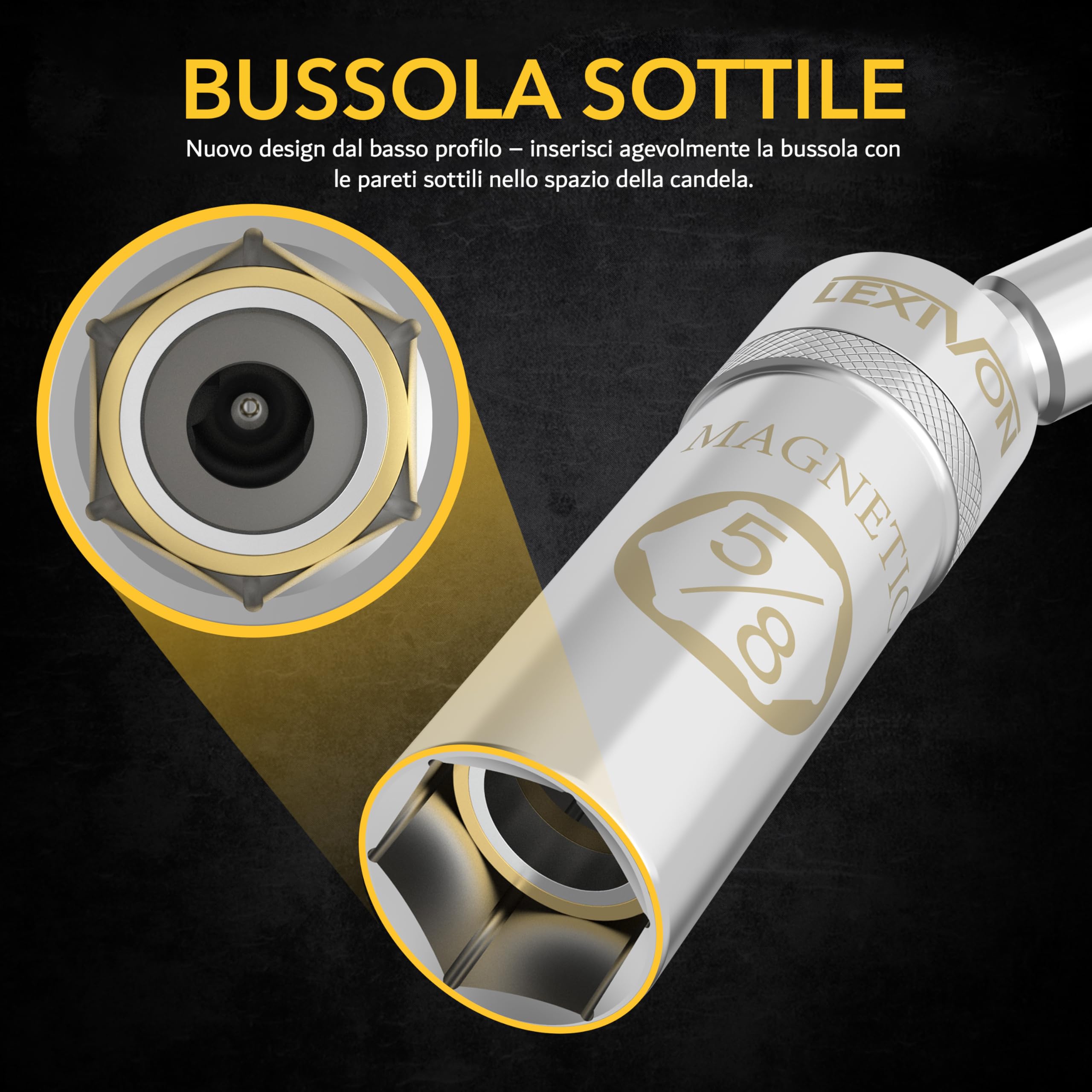 LEXIVON Chiave A Bussola Magnetica Con Snodo Per Candele Da ⅝”, Attacco Da ⅜”, Lunghezza Totale Di 6” Chiave A Bussola Dalla Grande Forza Magnetica E Pareti Sottili, Acciaio Cromo Vanadio Cr-V(LX-121)