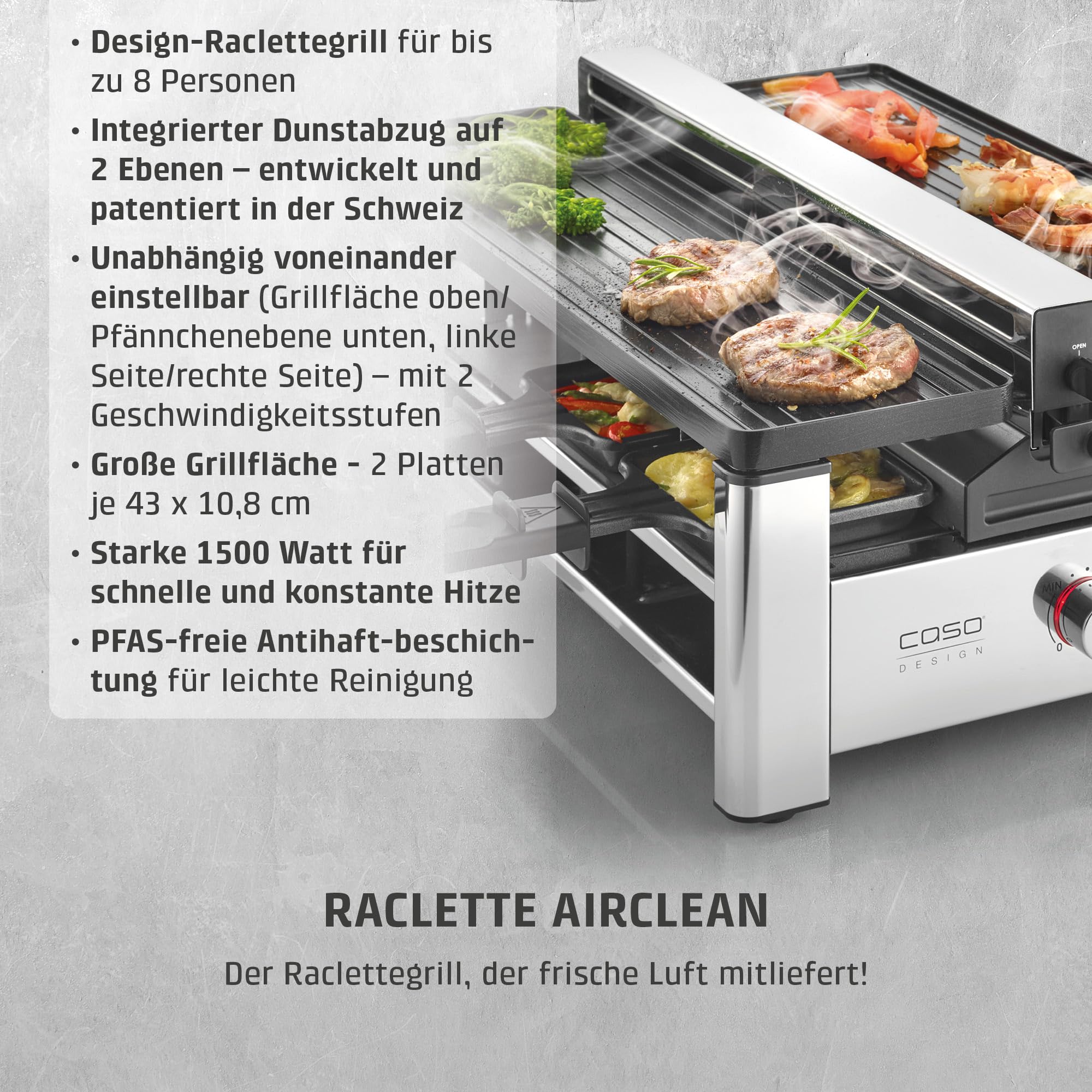 CASO Raclette AirClean - Raclettegrill mit integriertem Dunstabzug, für 8 Personen, schnelles Aufheizen, Antihaft Keramik-Beschichtung (PFAS-frei), 1500 Watt, austauschbarer Geruchs- und Kohlefilter