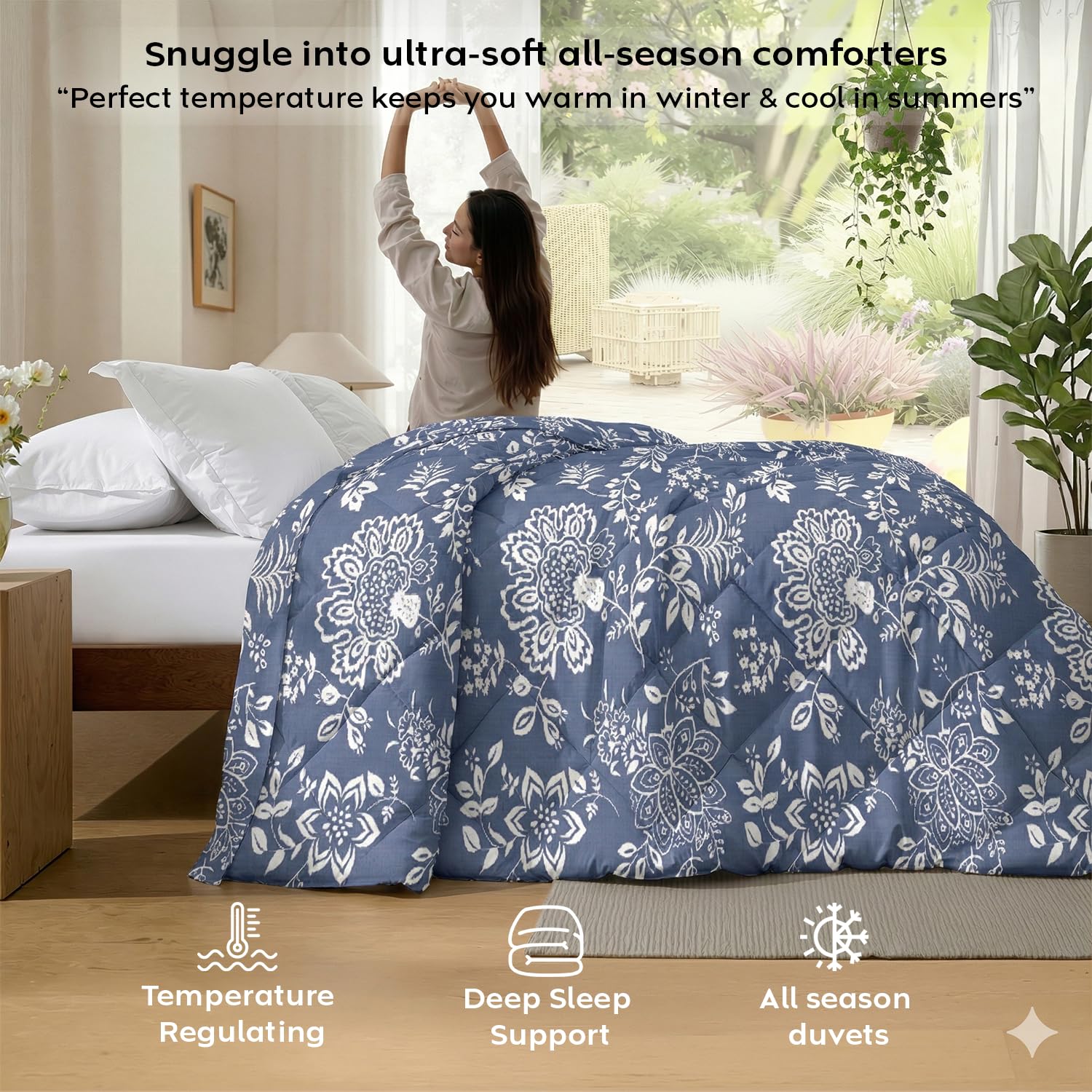 AYKA Reversible AC Comforter 150 GSM Microfiber Summer Blanket Double Bed (90x100 Inches) | Printed Floral Design Cooling Quilt for AC Room | Soft Breathable Duvet Blue & White 2