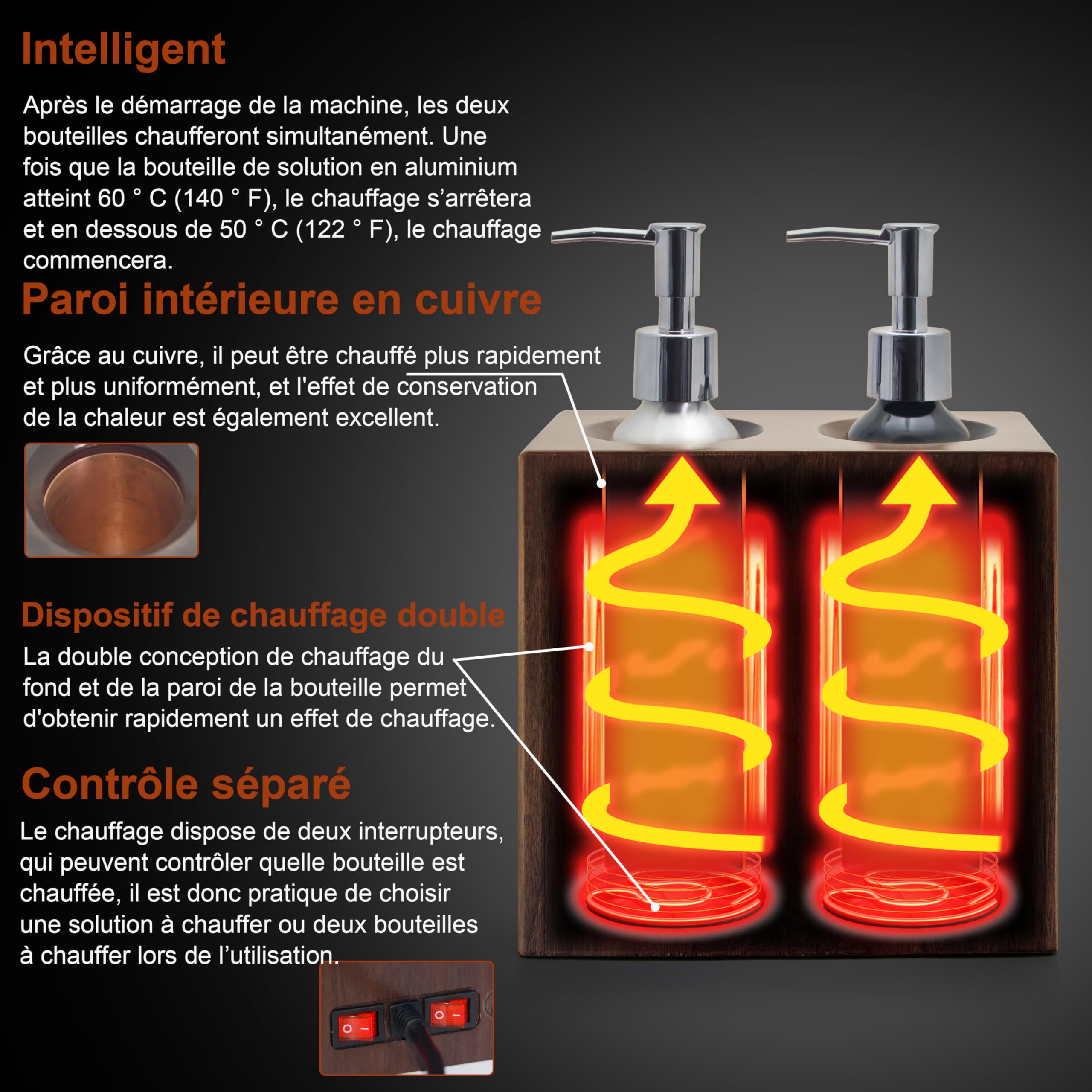 Elitzia Noyer Huile de Massage Réchauffeur Indépendant Double Bouteille Contrôle de Chauffage 4 Pompes 122-140°F ETAW04