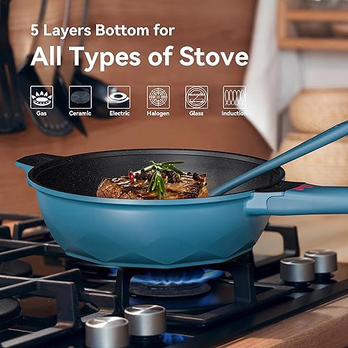 Miniatura 9 de TIBORANG Sartén antiadherente 8 en 1 multiusos de 11 pulgadas, 5 cuartos de galón, con tapa de vidrio, rejilla al vapor, sin PFOA, apta para
