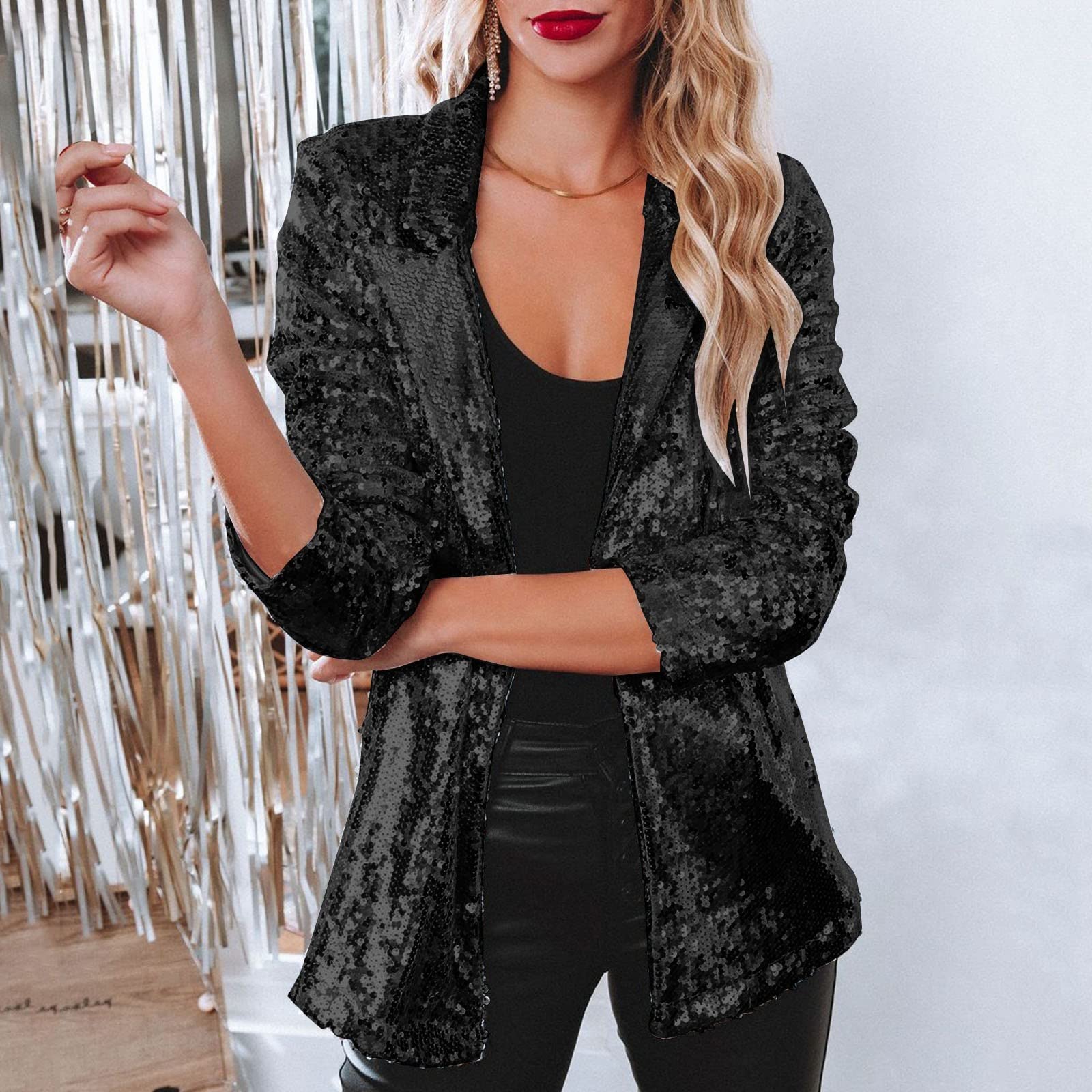 Parkle Veste de costume à paillettes pour femme - Veste ouverte sur le devant - Veste à paillettes - Col châle - Cardigan - Veste à paillettes - Veste disco des années 90 - Streetwear - Pour