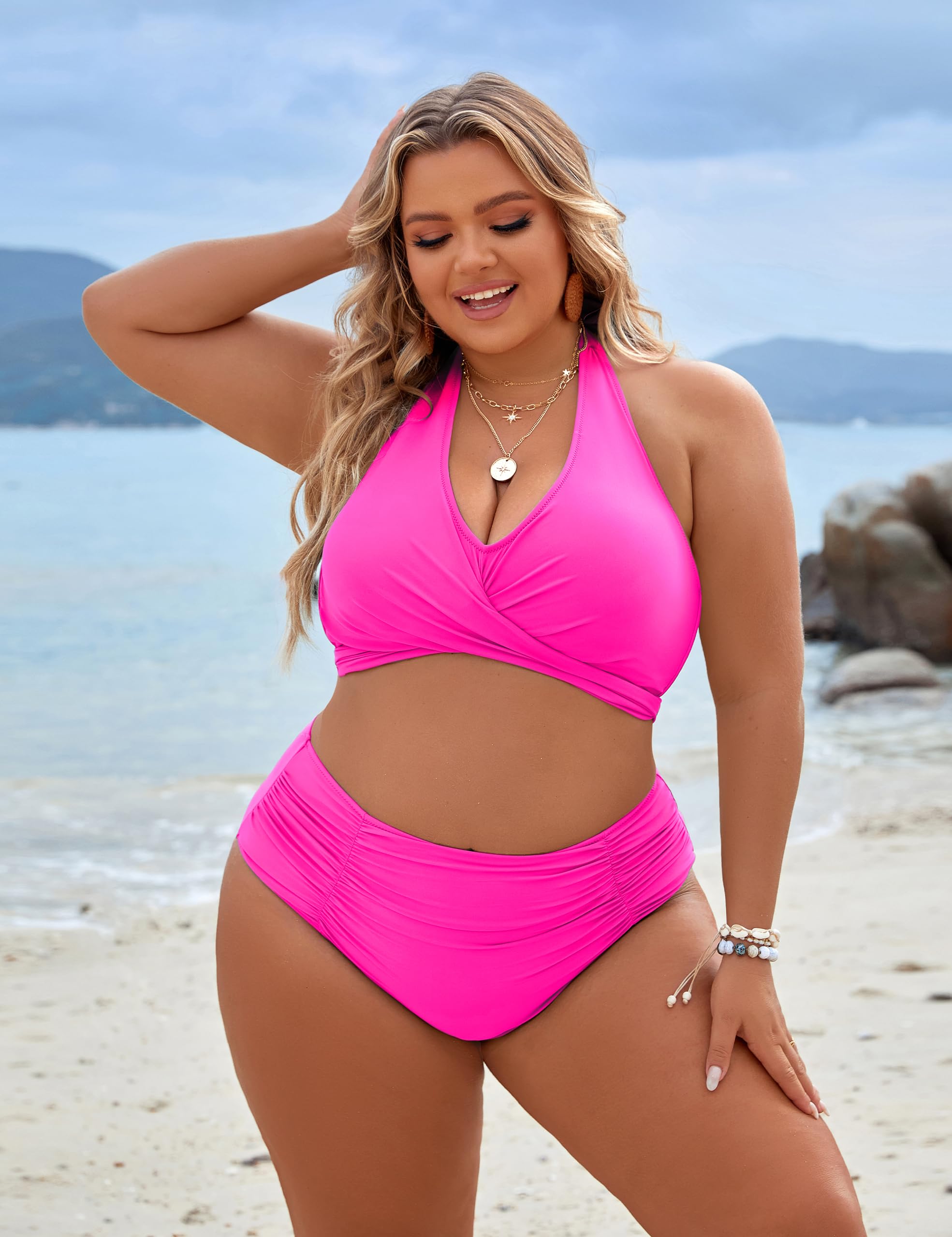 Trajes de baño con control de abdomen para mujer, modestos conjuntos de bikini de cintura alta, lindos trajes de baño de 2 piezas, Rosa encendido, Grande 4