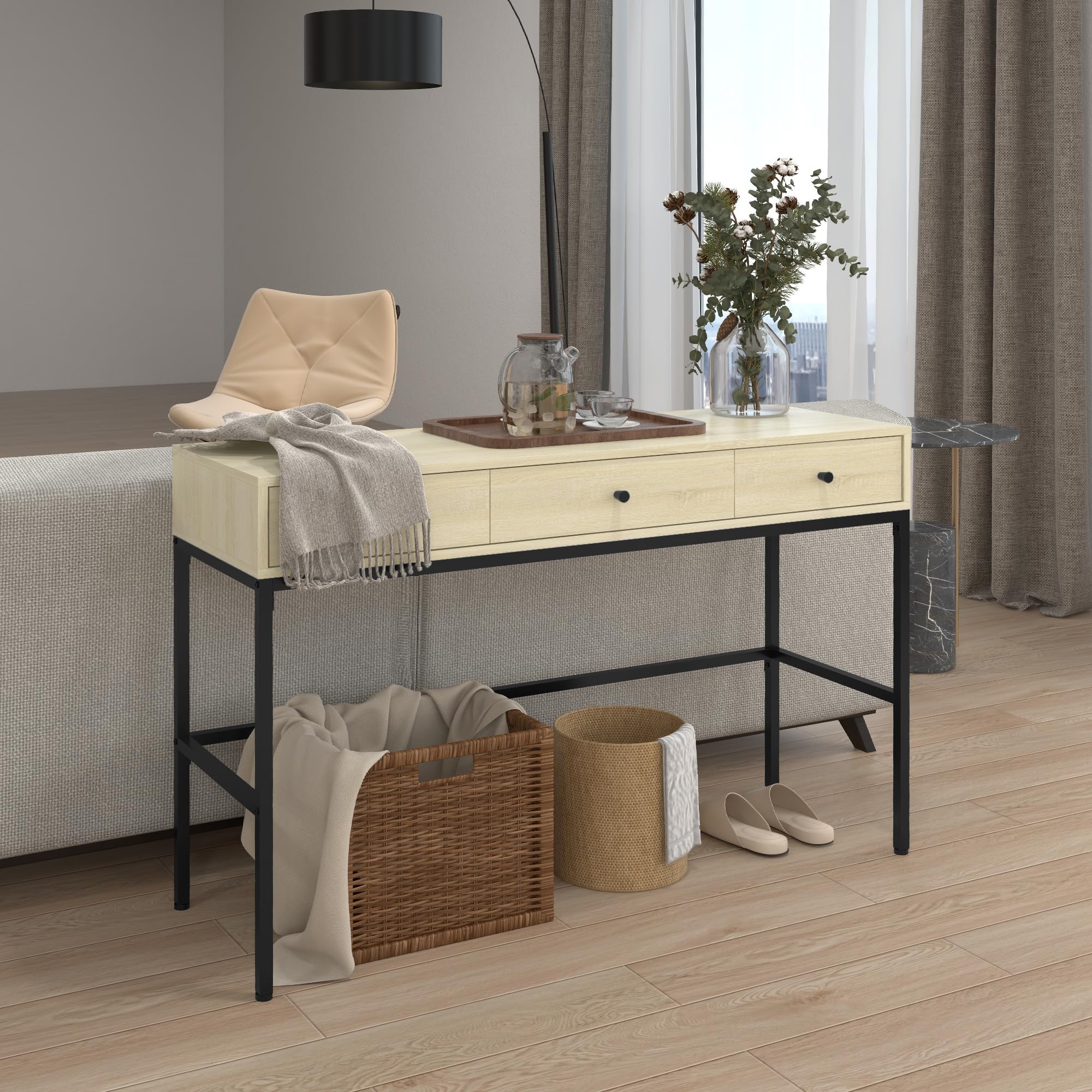 HOMCOM Table Console Table d'entrée Bout de canapé Structure en Acier 3 tiroirs Effet Bois Style Industriel 120 x 39,8 x 78 cm Naturel Noir