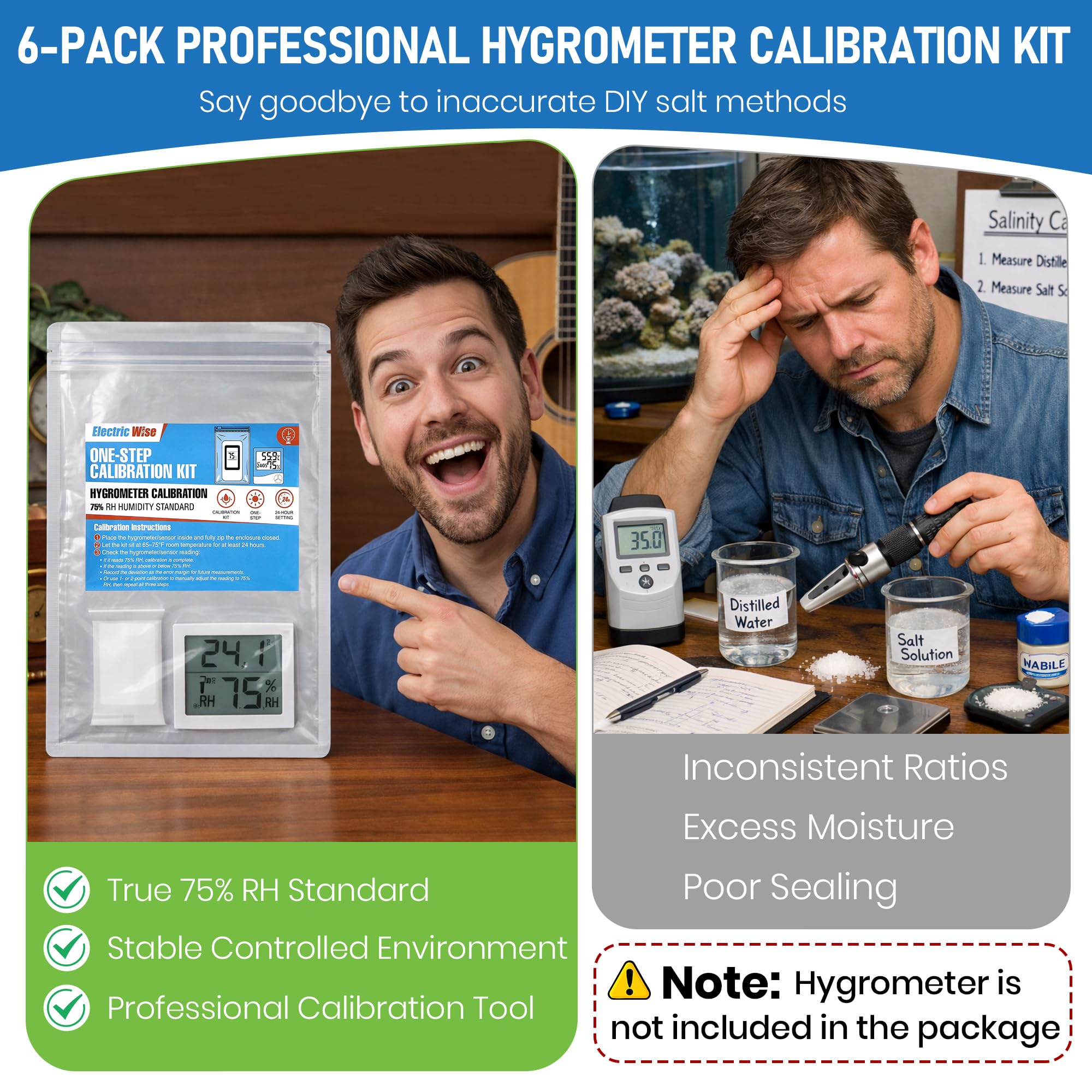 Confezione da 6 kit di calibrazione di igrometro monofase da 30 cm con controllo dell'umidità del 75% RH, pacchetti di controllo dell'umidità per igrometri e sensori digitali e analogici
