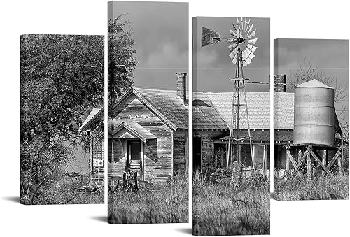 Nachic Wall Lienzo de 4 piezas en blanco y negro de Texas, pintura de granja, campo, granero, molino de viento, paisaje, póster para el hogar, sala