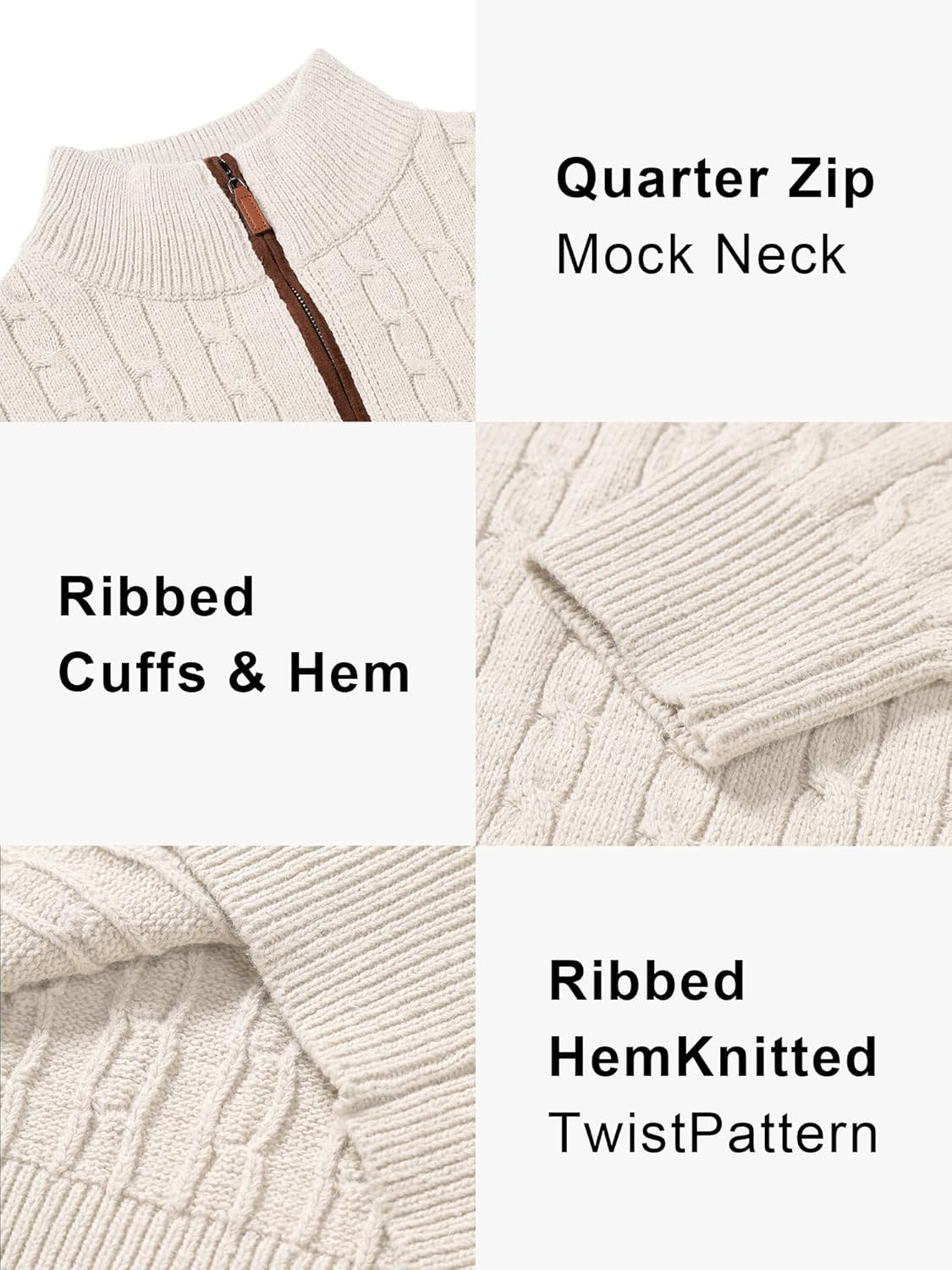 JEMLDL Men's Quarter Zip Pullover Sweaters Cable Knit Texture Slim Fit Mock Neck Sweaters - Image 5