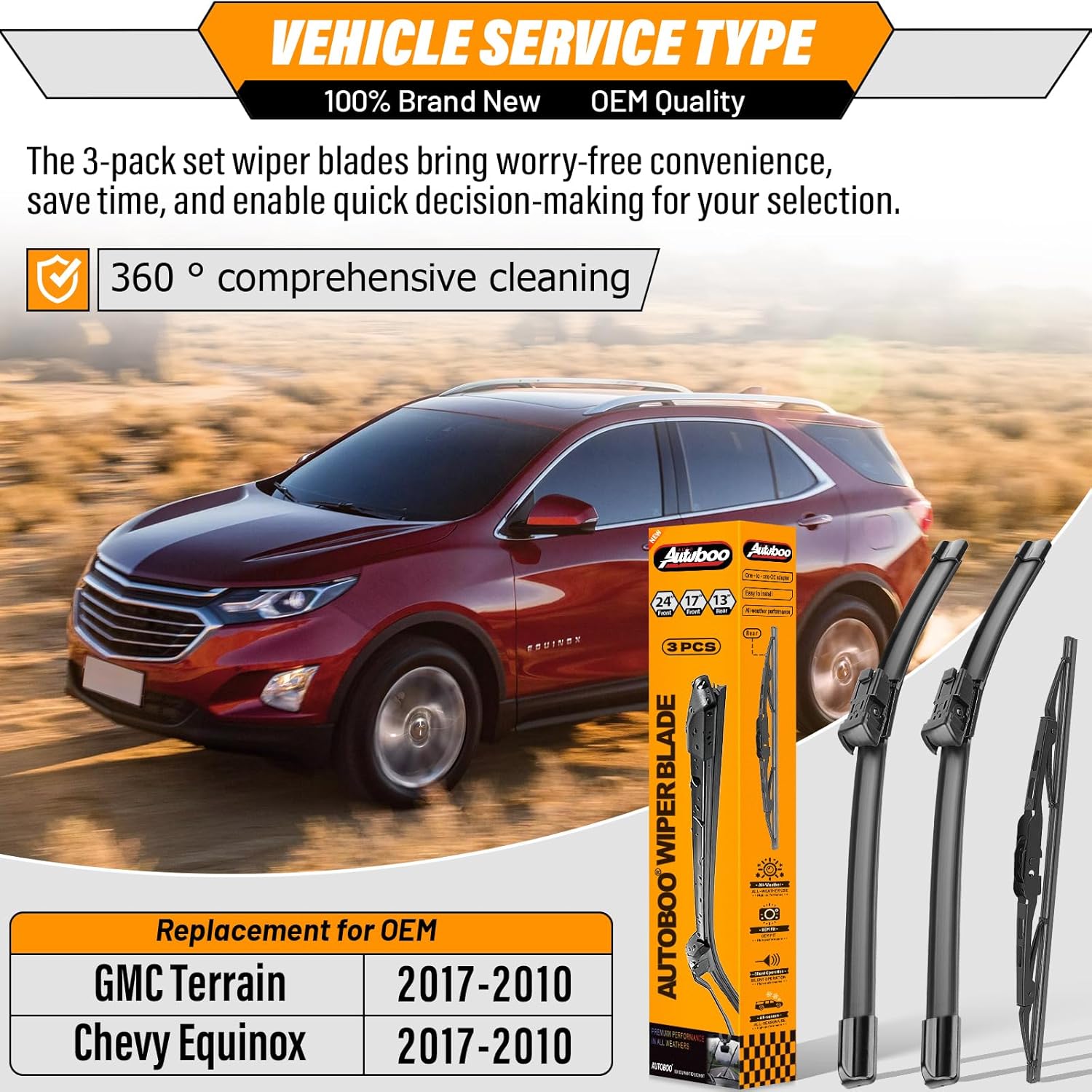 OEM Windshield Wiper Blade Replacement for GMC Terrain Chevy Equinox 2010-2017 Original Equipment Wiper Blade Set- 24+17+13 (Set of 3) 1 Year Warranty