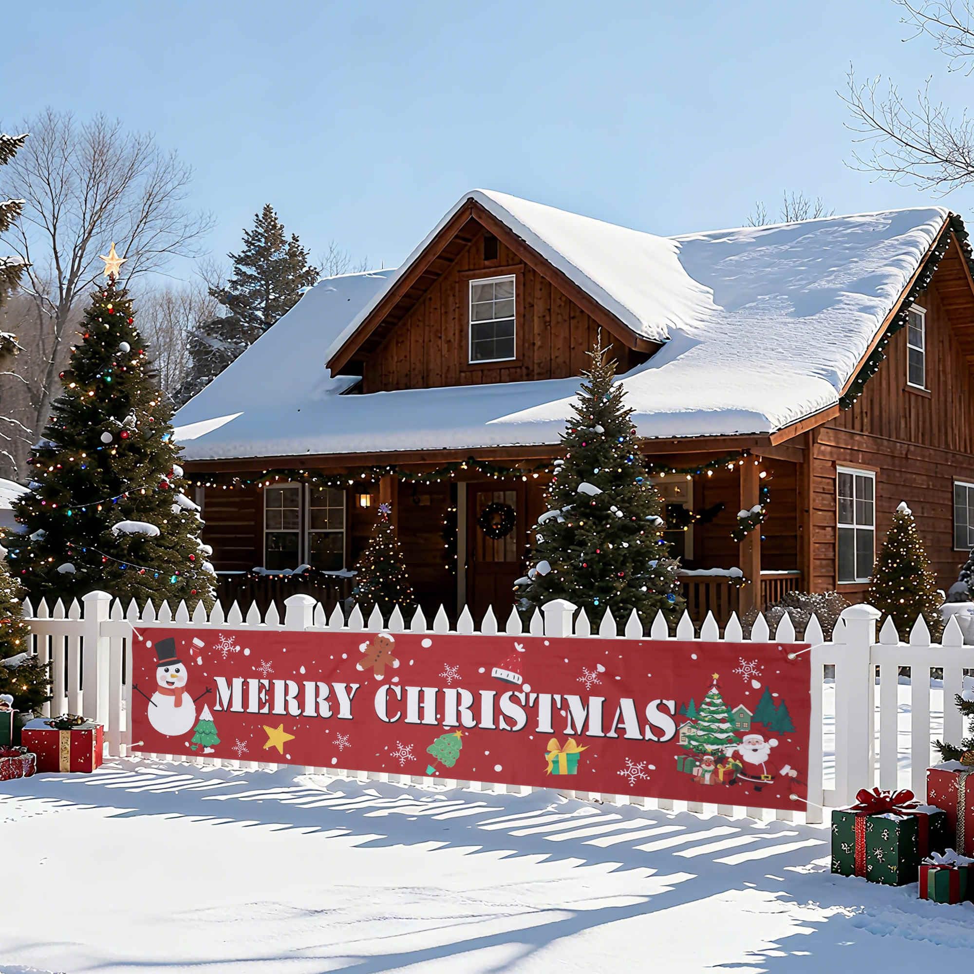 Gyrodymix Merry Christmas Banner 5.9x1.3ft Large Outdoor Christmas Decorations Cute Snowman&Santa Xmas Holiday Yard Sign for Fence Lawn Home Party Decor