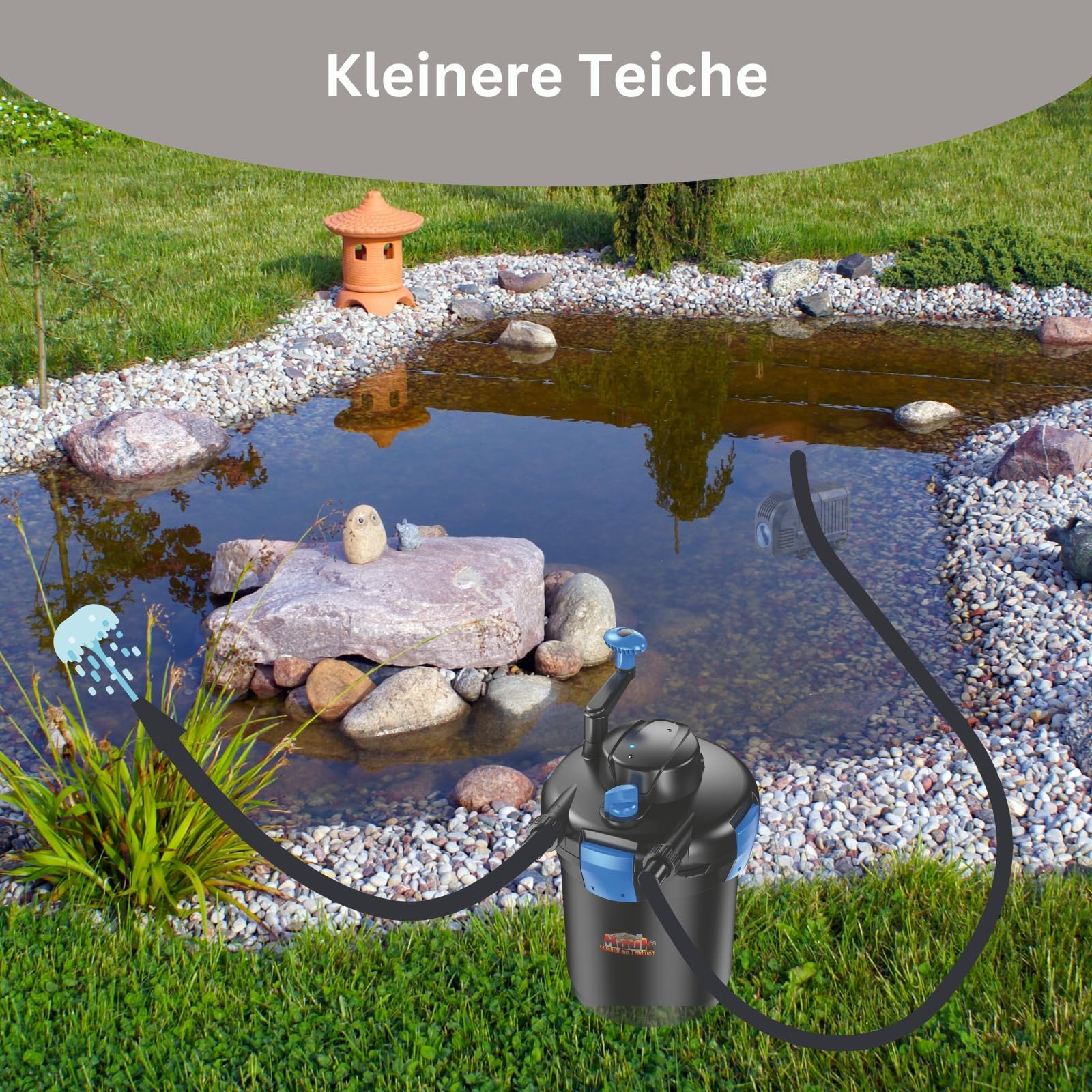 MAUK® Teichdruckfilter Komplettset | ECO 9W UVC Klärer mit Spin Clean Reinigung | inkl. Pumpe & Bachlauf Funktion | 4000 Liter - 8 Liter Kesselvolumen