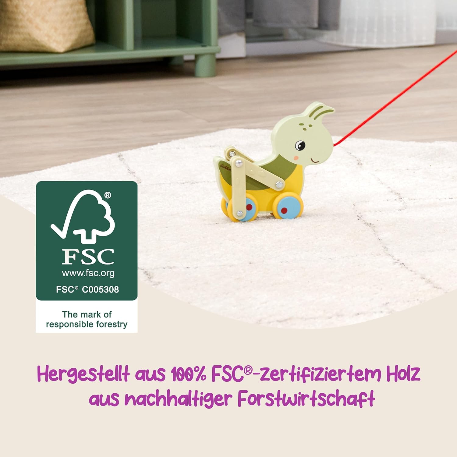 Eichhorn Pull Along Grasshopper with Movable Legs and Silent Silicone Wheels, Ideal First Steps Companion, 16 cm Long, Made from 100% FSC Certified Plywood, from 1 Year