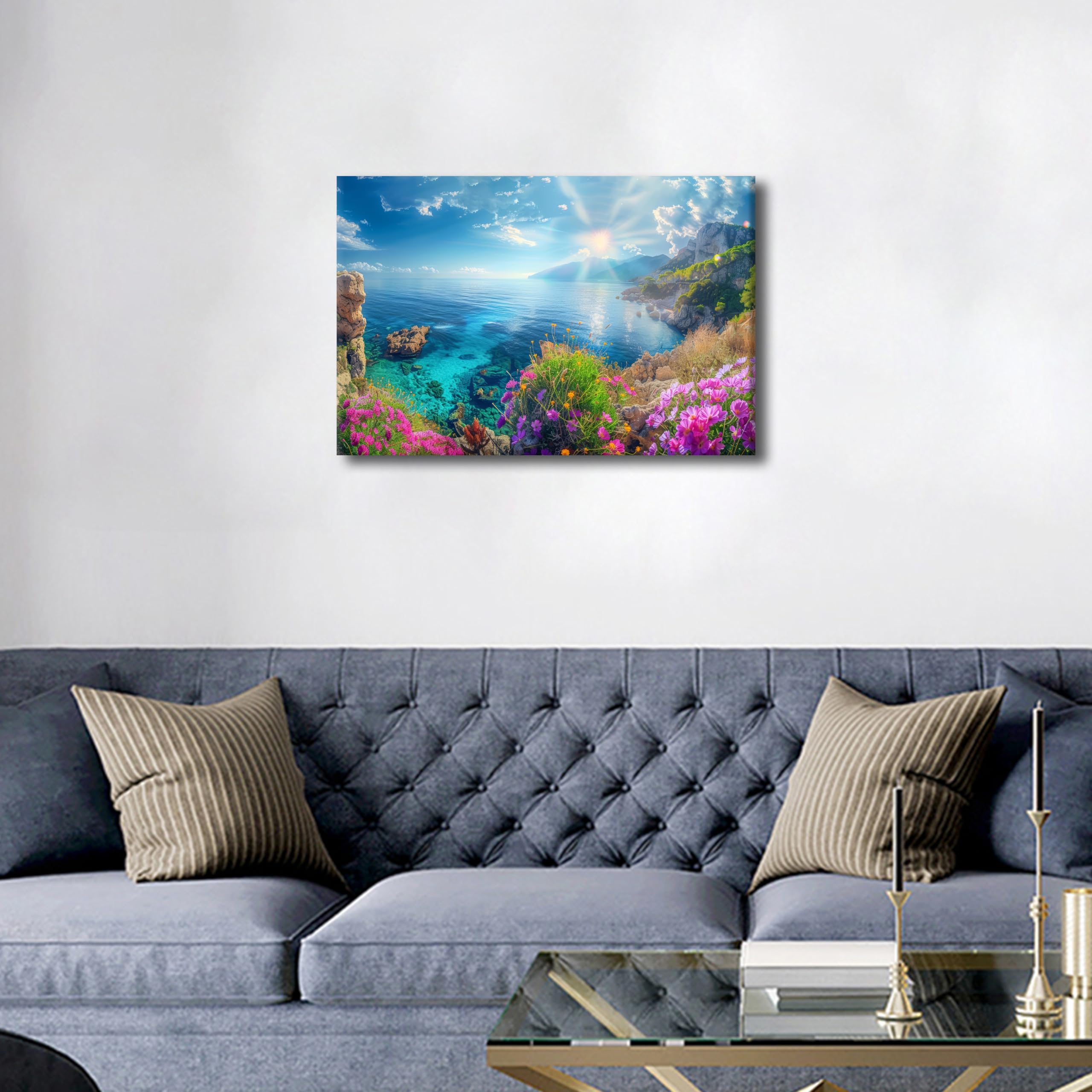 TISHIRON 1 Panel Canvas Prints Seascape Art Print Wall Art Summer Beach Flowers Pictures Wall Painting Coast Flower Artwork for Home Decor Stretched and Framed Ready to Hang 16" Wx24 H - Image 4