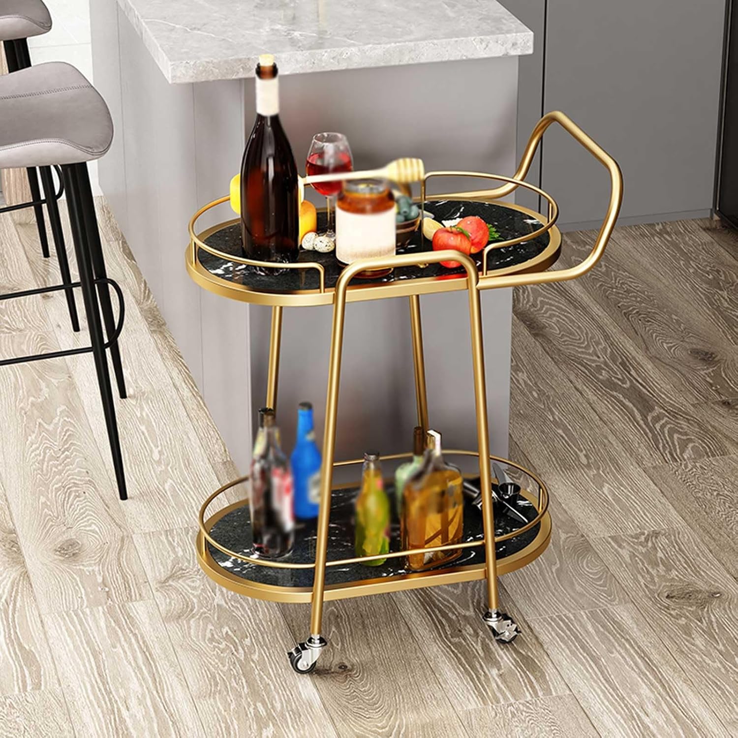 Kitchen Island 2 Tier Bar Cart Kitchen Cart on Wheels, Modern Portable Coffee Cart Table for Home, Utility Mobile Serving Cart Kitchen Island Cart with Storage(Black)