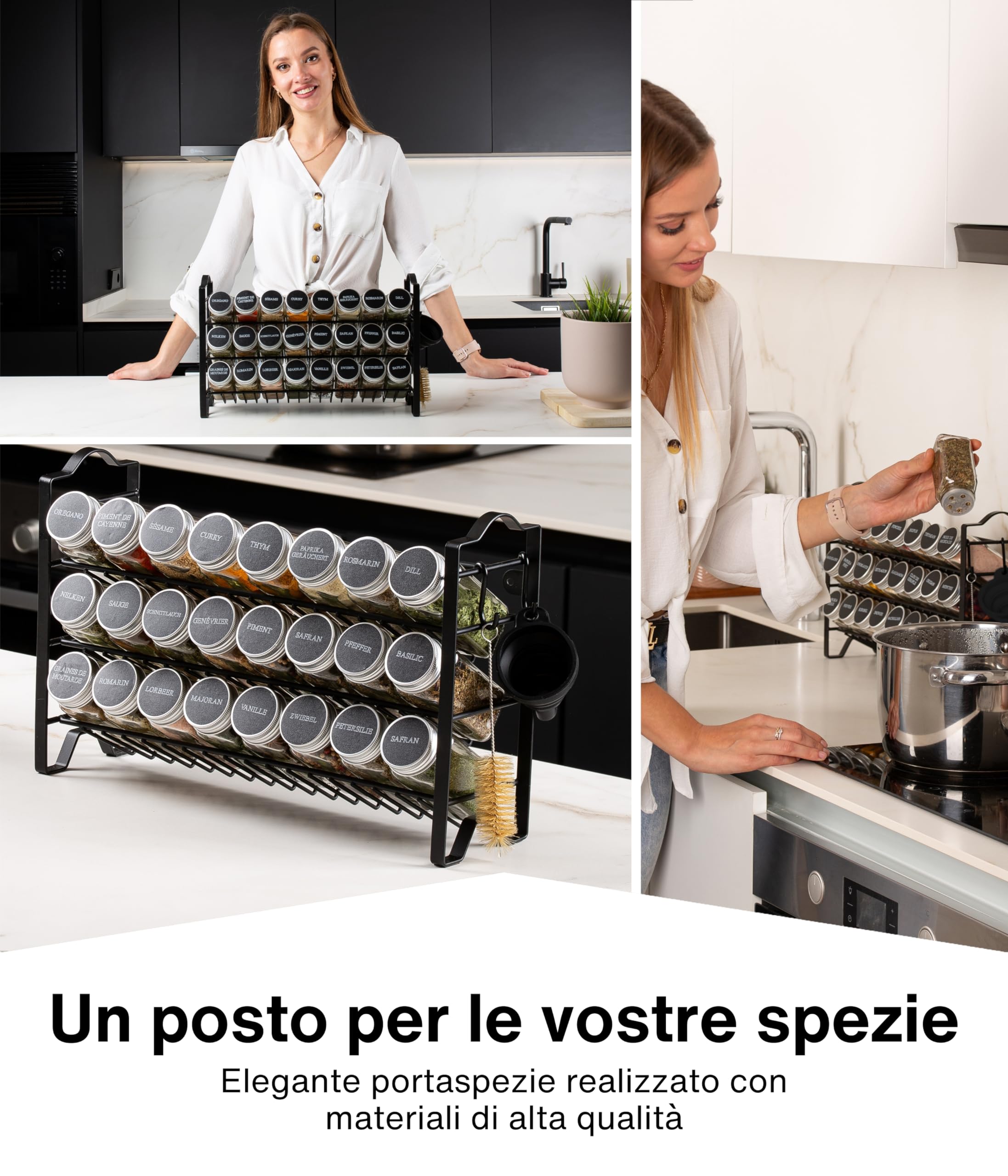 Deco haus® Porta Spezie per Cucina - Portaspezie con 24 Barattoli Spezie, Portaspezie Salvaspazio, Set Cucina 24 Vasetti di Spezie, 48 Etichette Spazzola Imbuto Ganci - Design Indipendente o da Parete