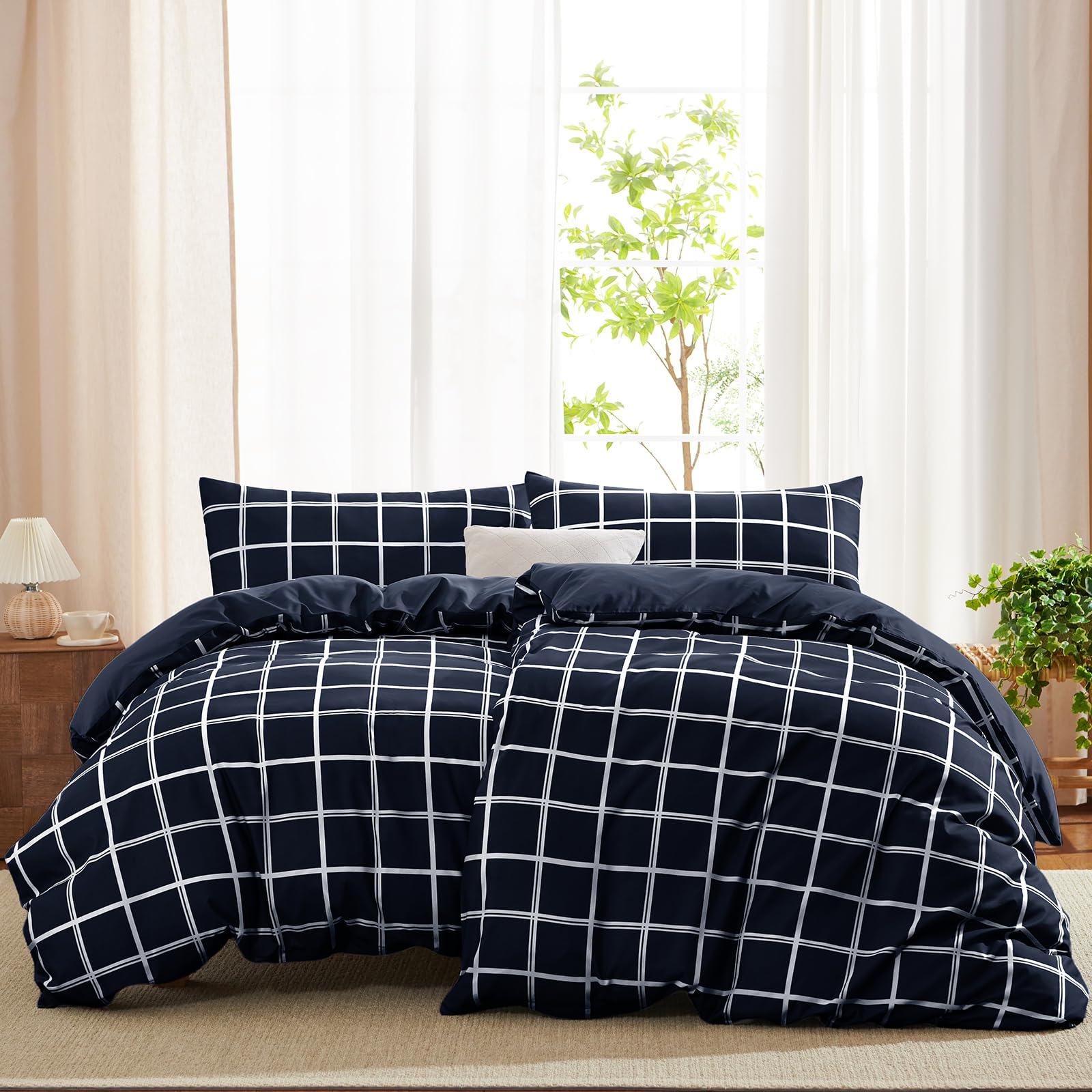 WAVVE Bettwäsche 135x200 4teilig Bettbezug Mikrofaser Bettwäsche-Sets 135 x 200 cm 2er Set mit 2 Kissenbezüge 40x80cm, ÖKO-TEX, Wendebettwäsche Bedding Blau Karomuster Muster mit Reißverschluss