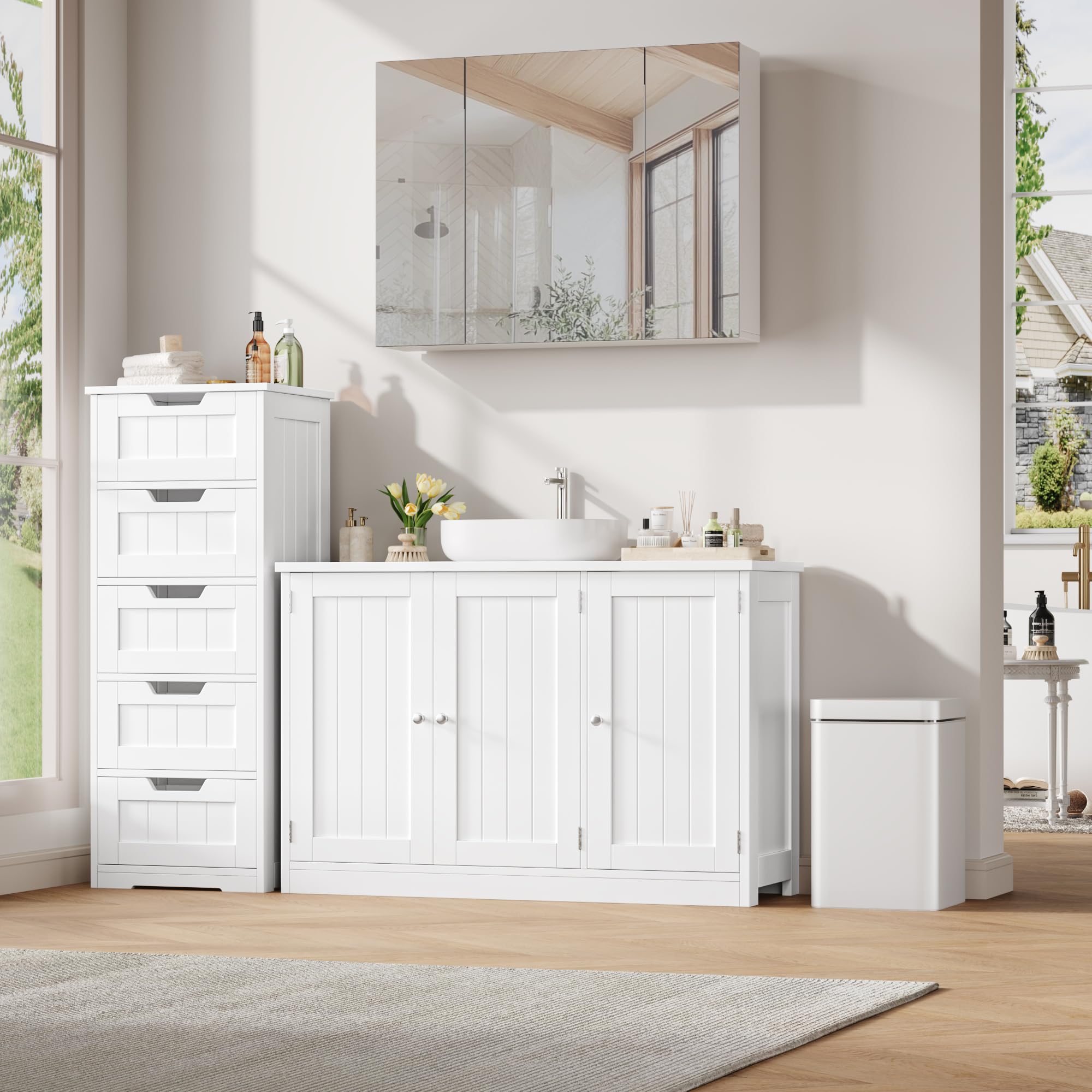 FOREHILL 90CM Mobile Sottolavabo per Bagno.Mobile Bagno con 3 Ante Bianco | Mobile Sottolavabo Grande a Ripiani Regolabili e Rimovibili,Scanalatura a Forma di U,per Bagno, Lavanderia 90x30x61.8 cm
