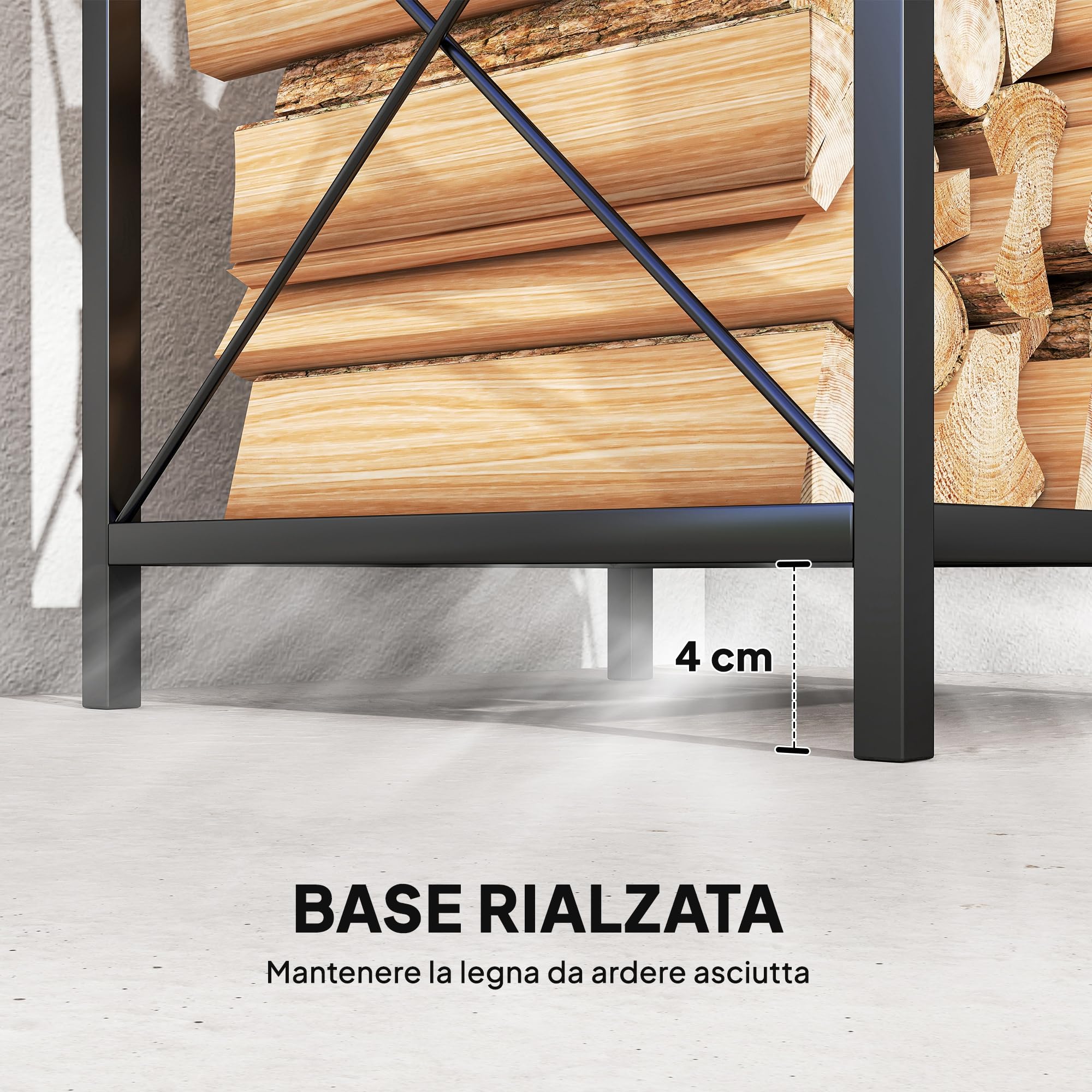 Outsunny Portalegna da Interno Rialzato a 2 Livelli, Legnaia in Metallo 60 kg, 34x30x80 cm, Nero