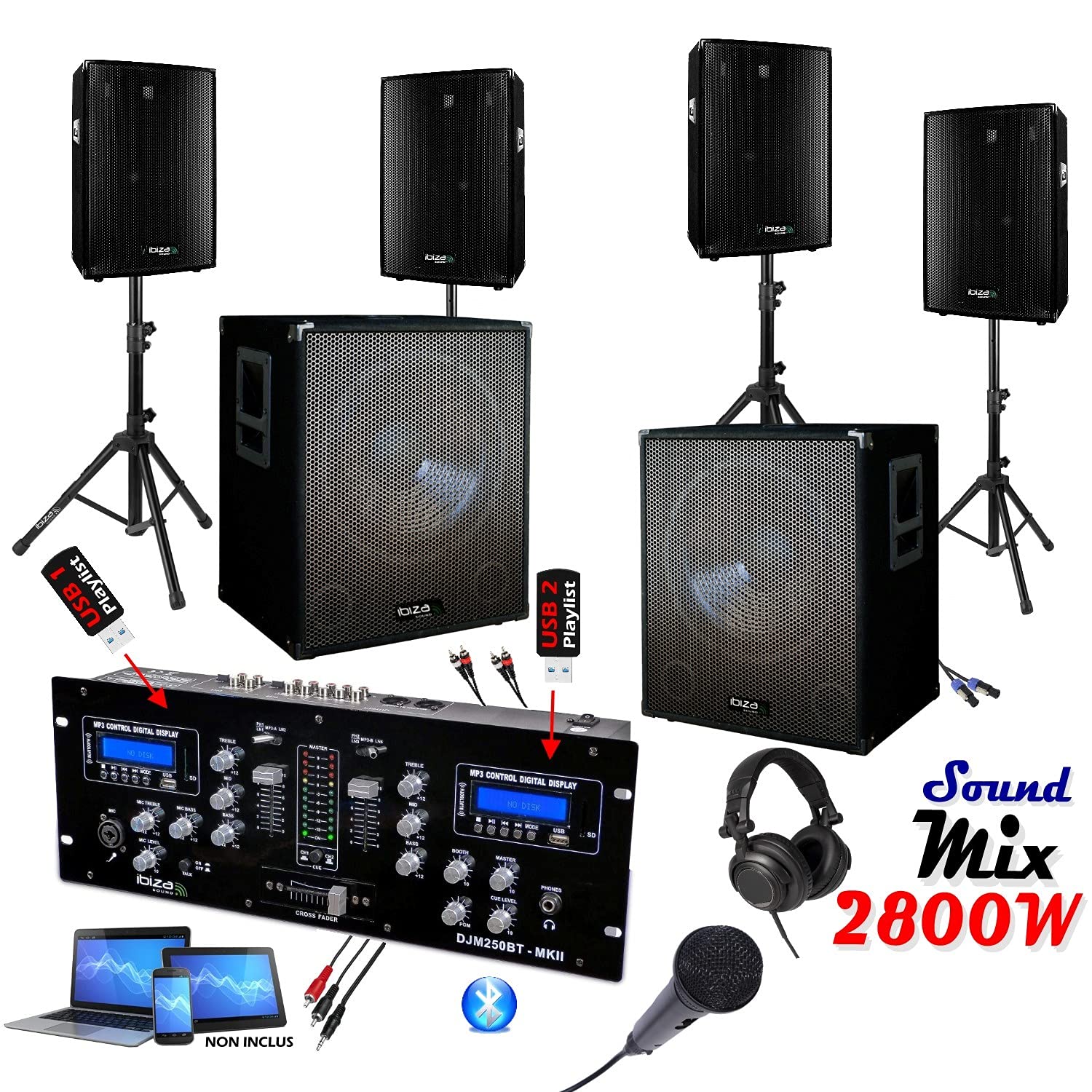 IBIZA Sound Light - Sono Mix DJ 2800w avec 4 Enceintes Sono 1200w Total - 2 Caissons Amplifiés 1600w Total - 1 Table de Mixage DJM250BT-MKII - 4 Pieds Enceinte - Câbles, Micro et Casque DJ offerts