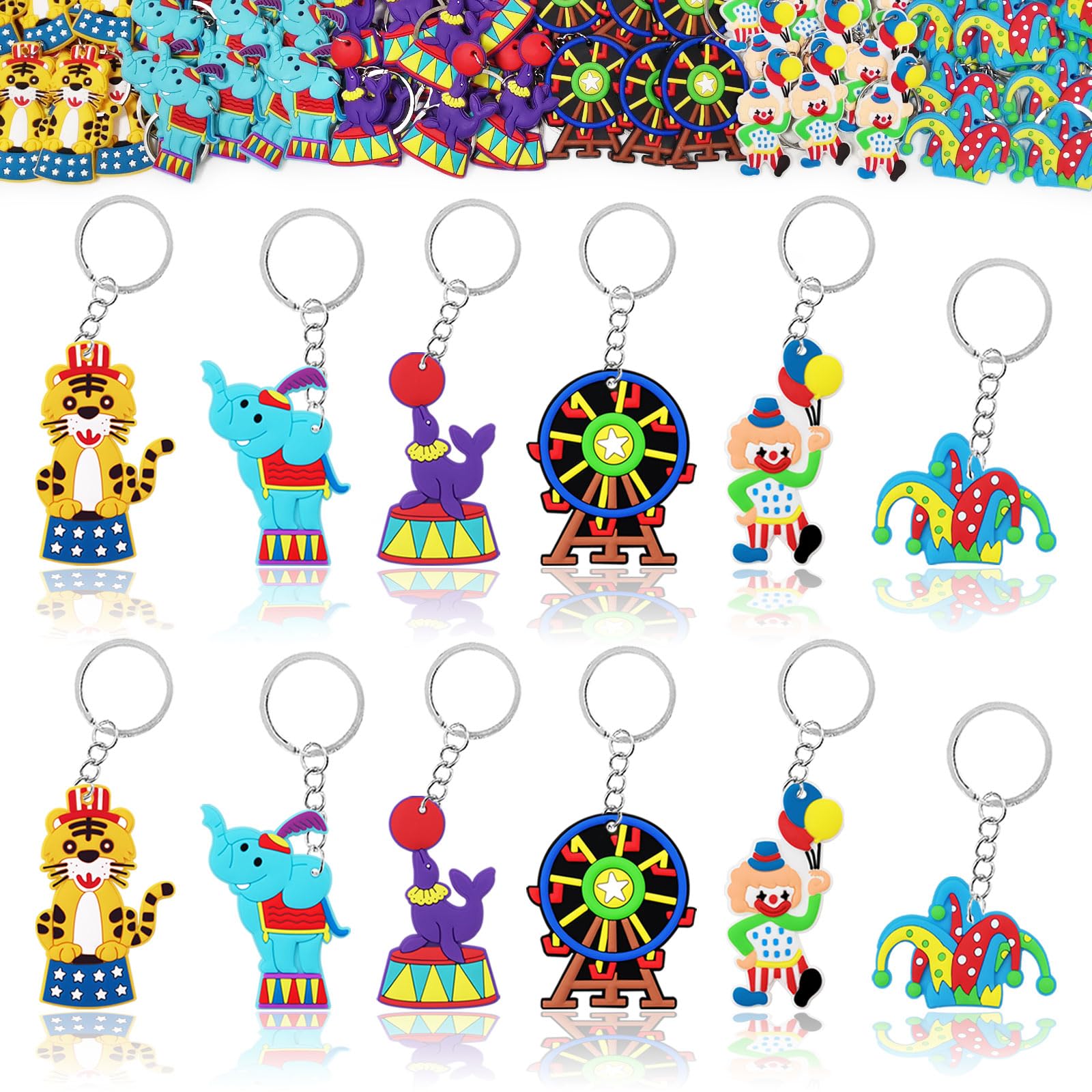 CiciBear 24 Pack Carnival Party Return Favors with Clown, Tiger, Sea Lion, Trick Hat, Turntable, Elephant Keychains for Baby Shower, Circus Troup Party, Circus Carnival Birthday
