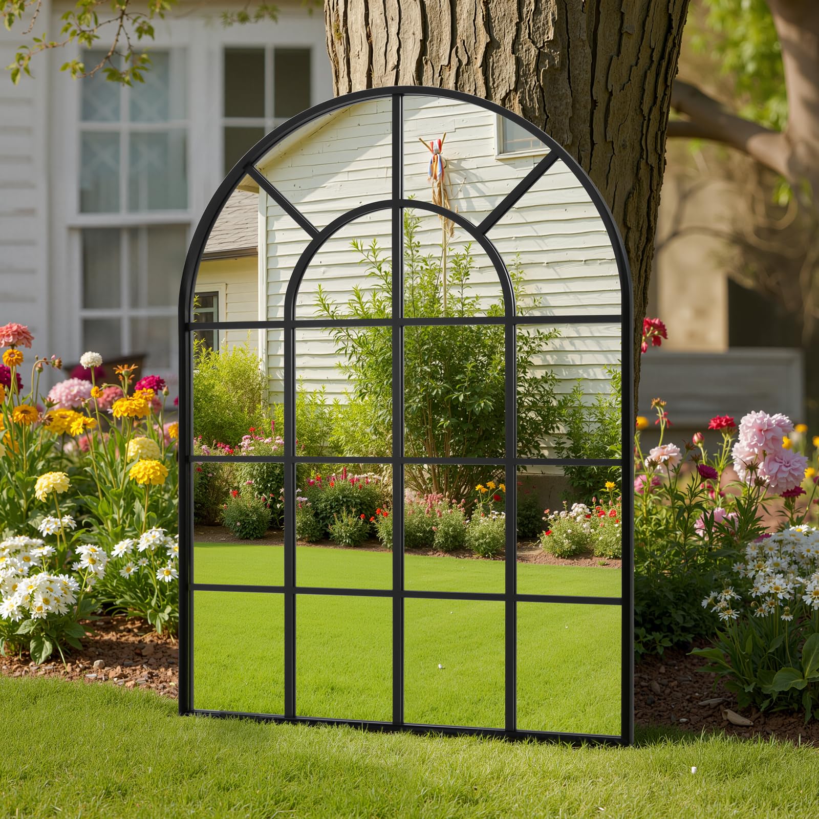 Reflix Specchio da giardino, 100 x 75 cm, specchio da parete decorativo, specchio per finestra con telaio in alluminio, per corridoio, soggiorno, camera da letto, ingresso, nero