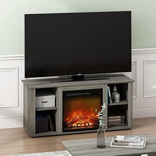 Miniatura 4 de Furinno Jensen - Soporte para TV con chimenea y centro de entretenimiento con almacenamiento abierto para TV de hasta 55 pulgadas, color gris roble
