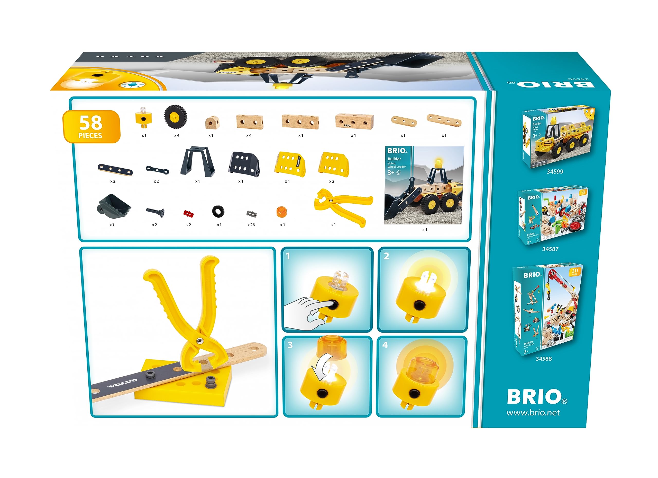 BRIO Builder 34598 Volvo Frontlader - Starkes Baufahrzeug mit beweglicher Ladeschaufel, Knicklenkung und Lichtmodul - Empfohlen für Kinder ab 3 Jahren