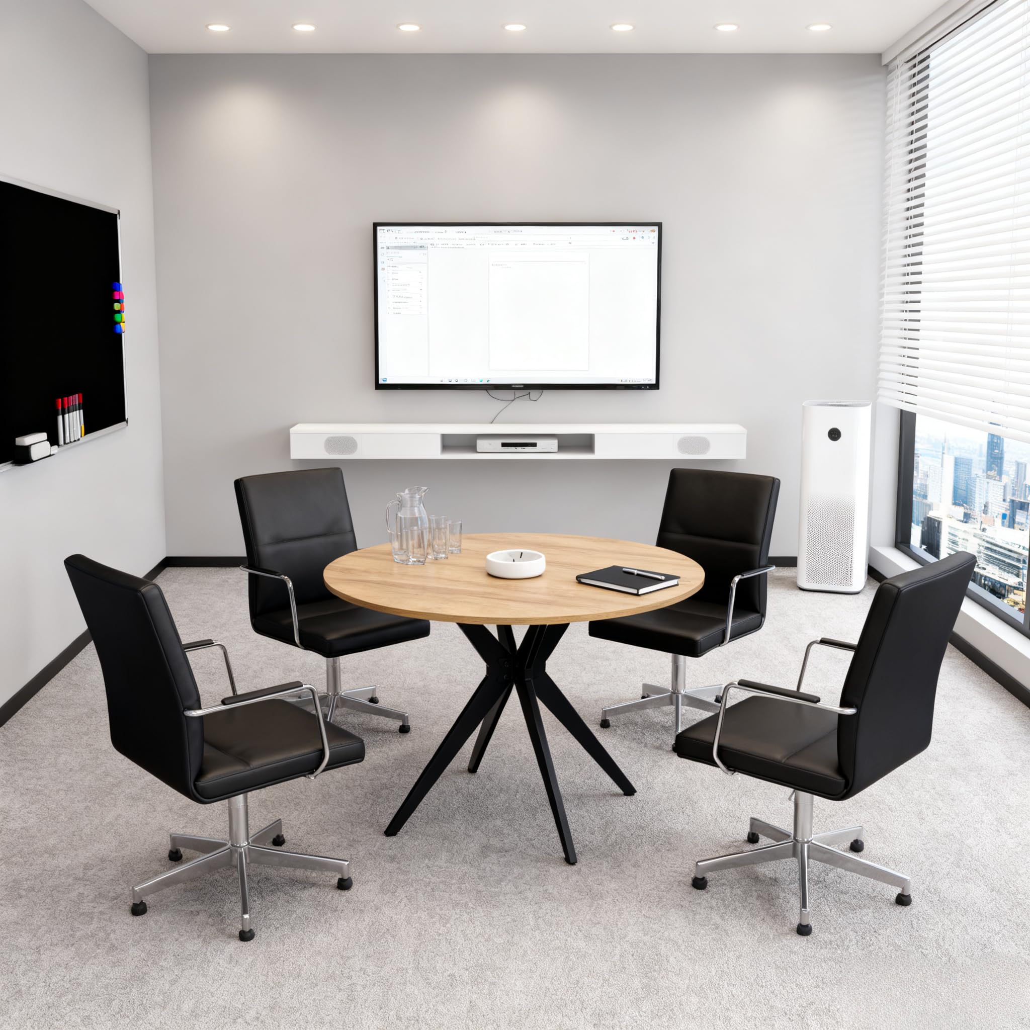 Tavolo da conferenza rotondo in rovere e nero, robusto, in legno e metallo, design compatto e professionale, ideale per riunioni di squadra in ufficio e progetti 100 x 100 x 75 cm