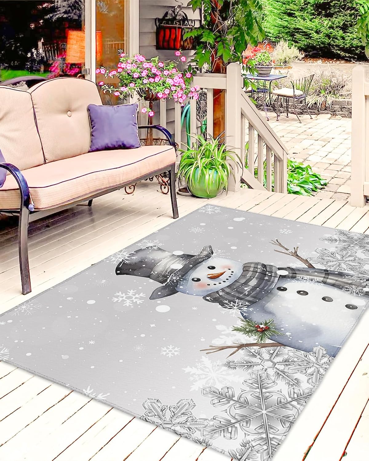 Outdoor Rug, Christmas Snowman Snowflake Scarf Pine Needle Winter Grey Absorbant Non-Slip Area Rugs Mat Carpet for Patio Balcony Porch Backyard Deck Rv Camping 4x6 ft