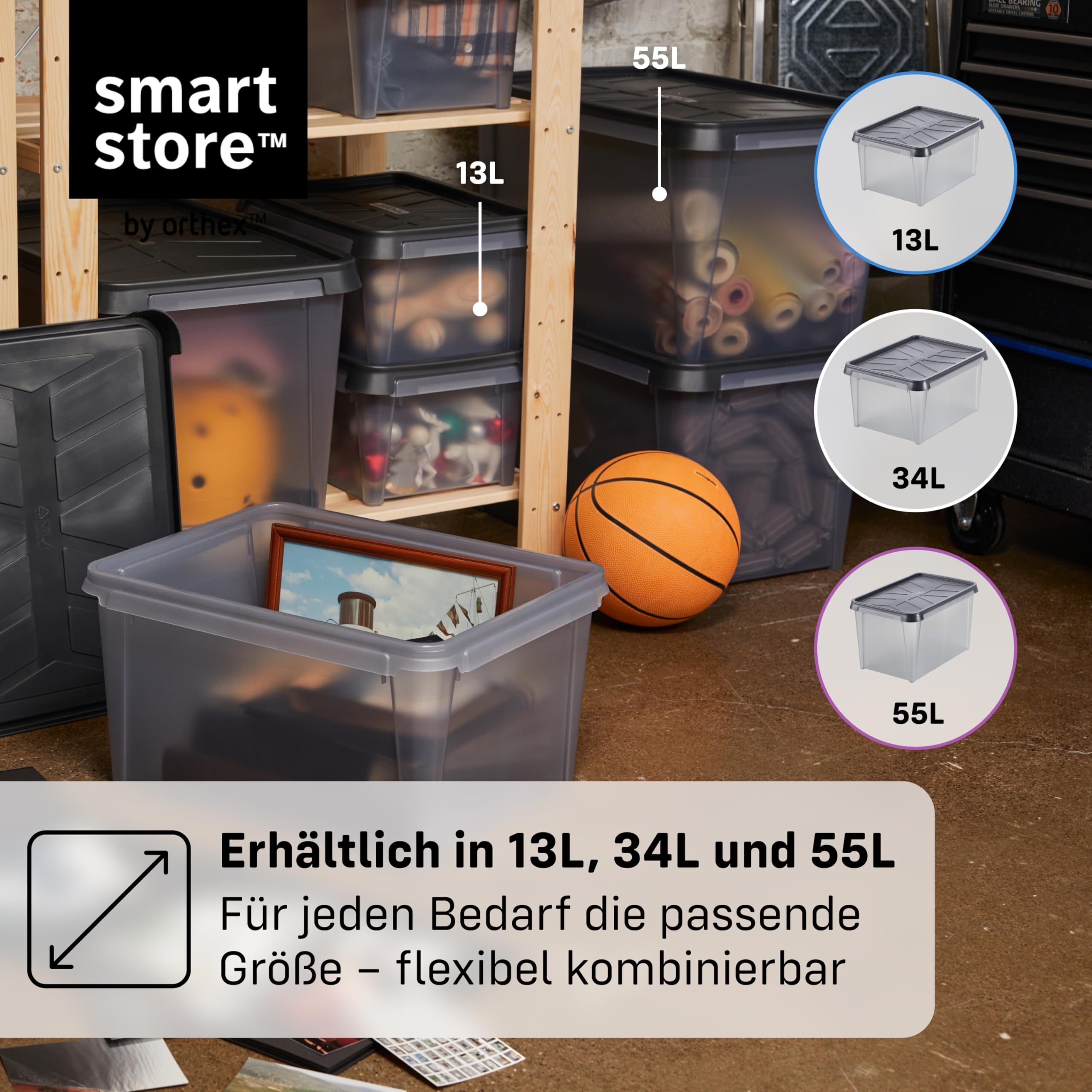 SmartStore Aufbewahrungsbox mit Deckel 55 L I 4er Set Stapelboxen I 60 x 40 x 35 cm I Wasserfest, Staubdicht I Garagen-Aufbewahrungsbox I Lebensmittelecht, BPA frei I Made in Sweden, 10 Jahre Garantie