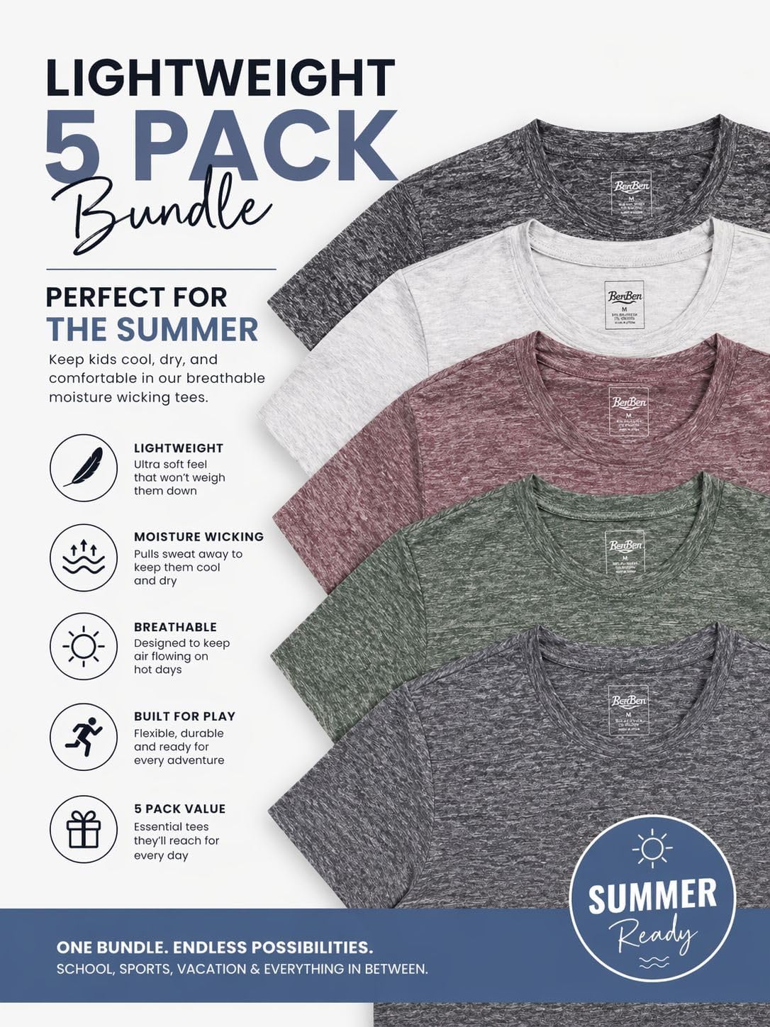 BenBen Youth Boy T Shirts Short Sleeve Moisture Wicking Performance Tees Everyday Wear Gym - 5 Pack
