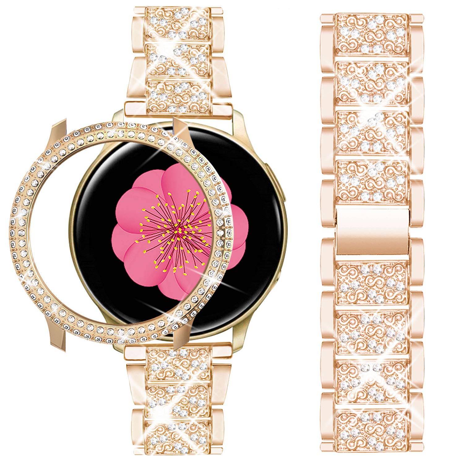 AMODOO Compatible for Samsung Galaxy Watch Active 2 Band 40mm 44mm + Case, Women Replacement Strap& Full Around PC Bumper