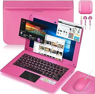 Laptop Computer, 10.1 Inch Windows 10 Quad Core Notebook, Netbook Computer with WiFi, Webcam HDMI, Mini Laptop with Bag, Mouse, Mouse Pad and Earphone for Kids and Adults（Pink