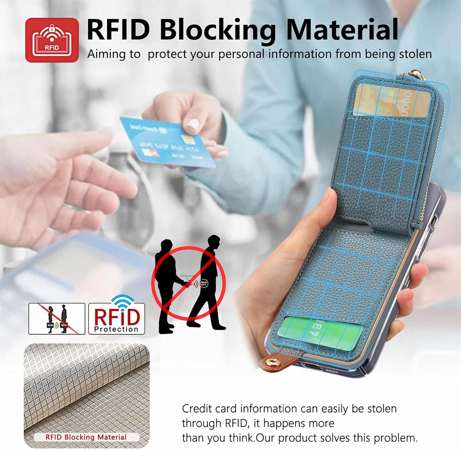 [Angel Smile] スマホ カードケース 粘着カードホルダー 貼り付け カード収納 ICカード 定期入れ 小銭入れ付き RFIDブロッキング リング付き スマホスタンド ファスナー付き コインケース かわいい 全機種対応 (ブルー)