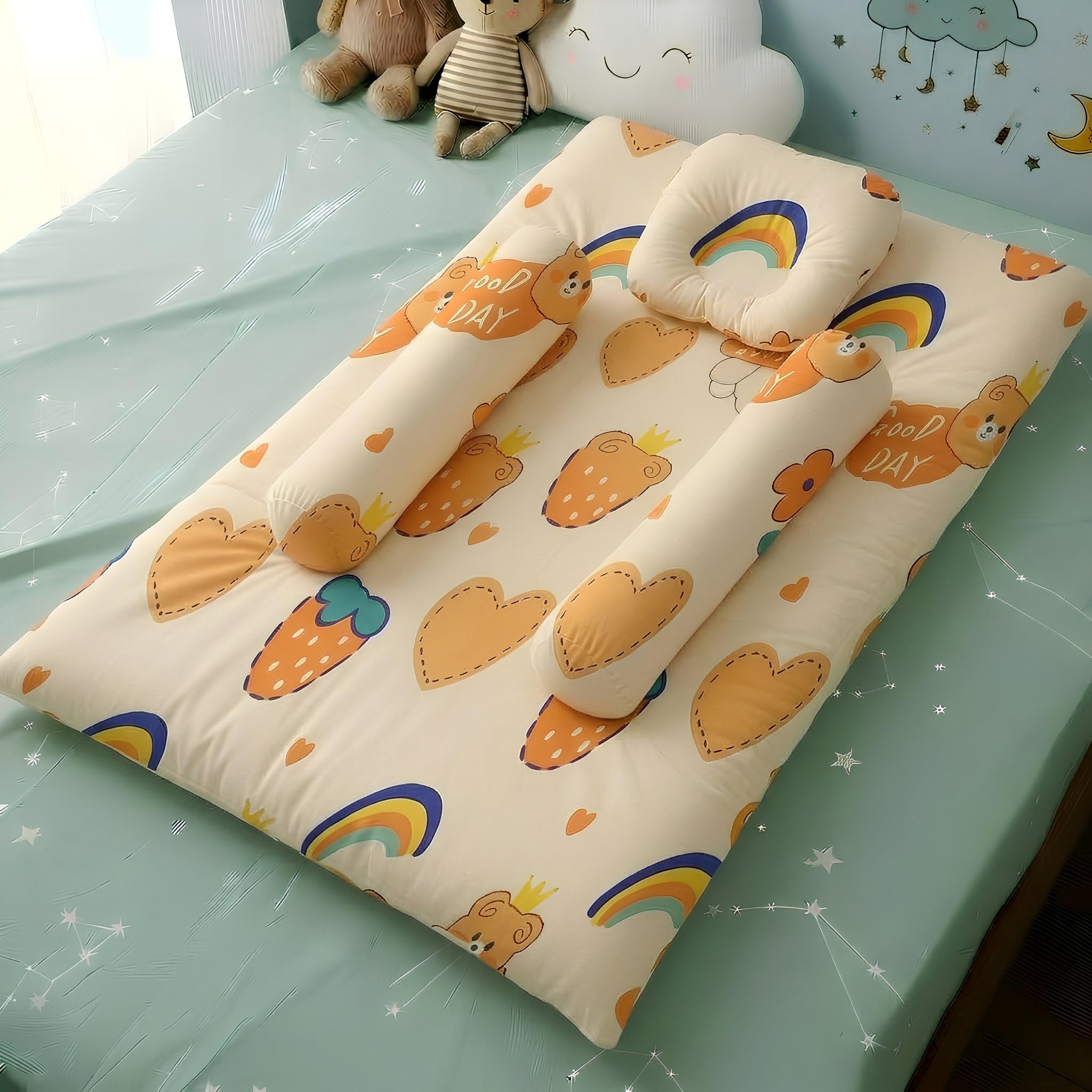 StarAndDaisy Baby Bedding Set for boy & Girl with Cushioned Mattress Sheet – 100% Cotton, Includes 2 Side Pillows & 1 Head Pillow, Soft & Breathable for Newborns - Rainbow Print-image-42