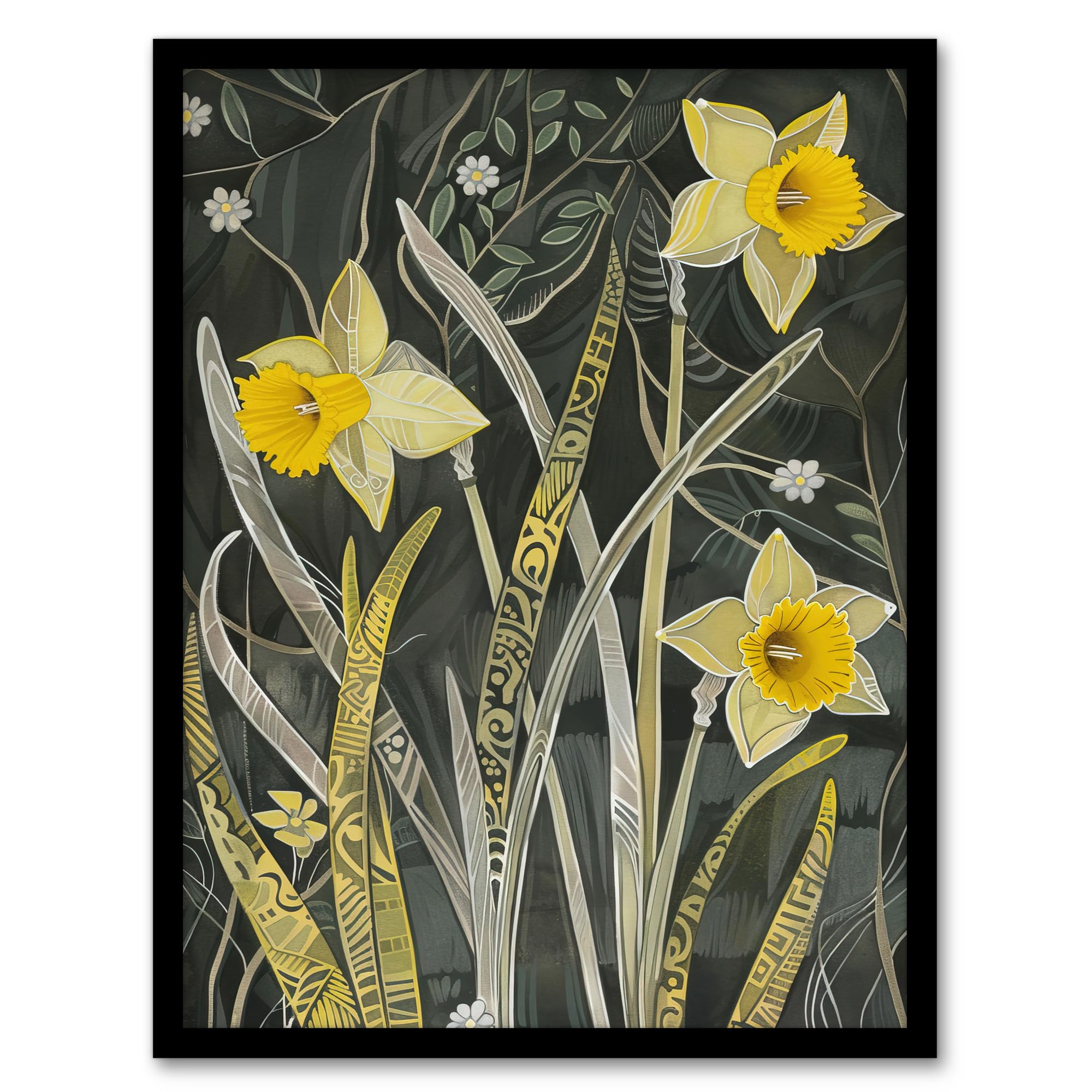 Artery8 Daffodil Green Forest Artwork Dark Spring Floral Living Room Artwork Framed Wall Art Print A4