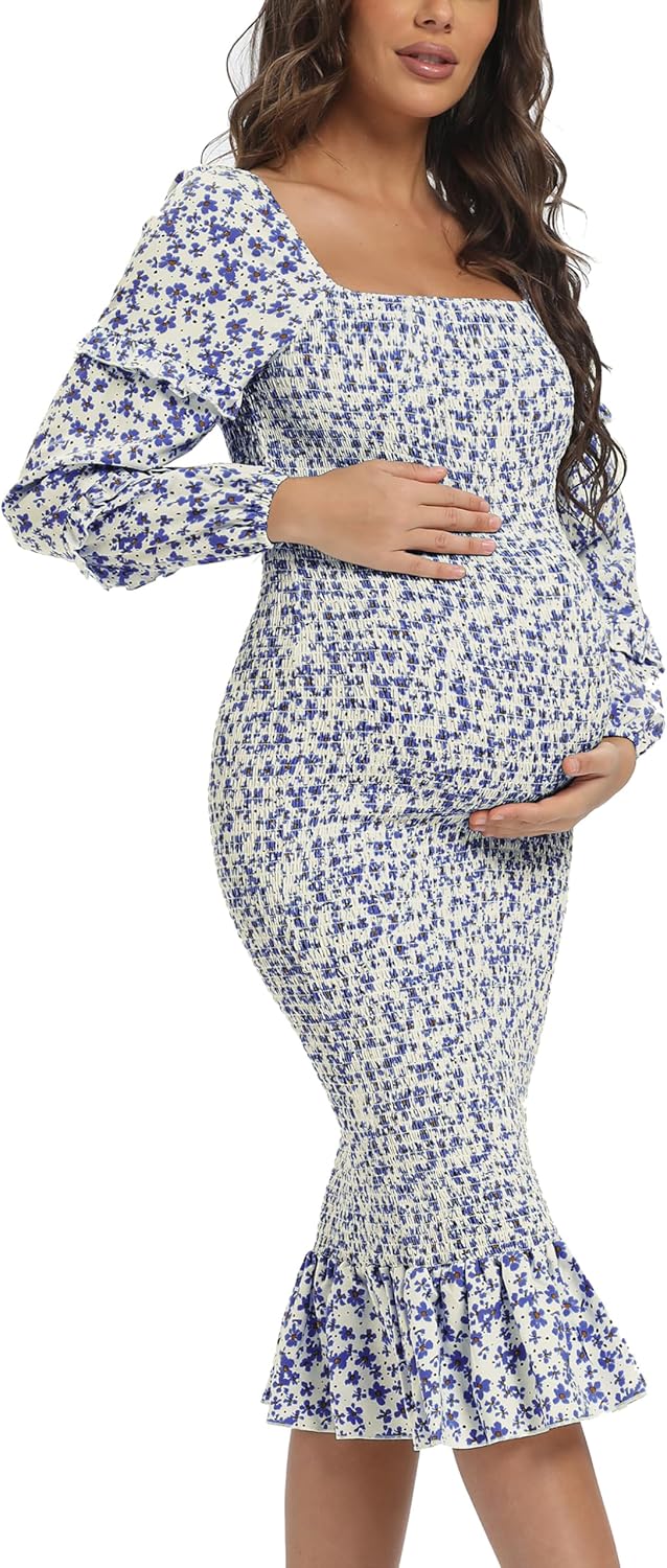 Spring Long Puff Sleeve Maternity Dress Floral Ruffle Hem Mermaid Baby Shower/Photoshoot Dress