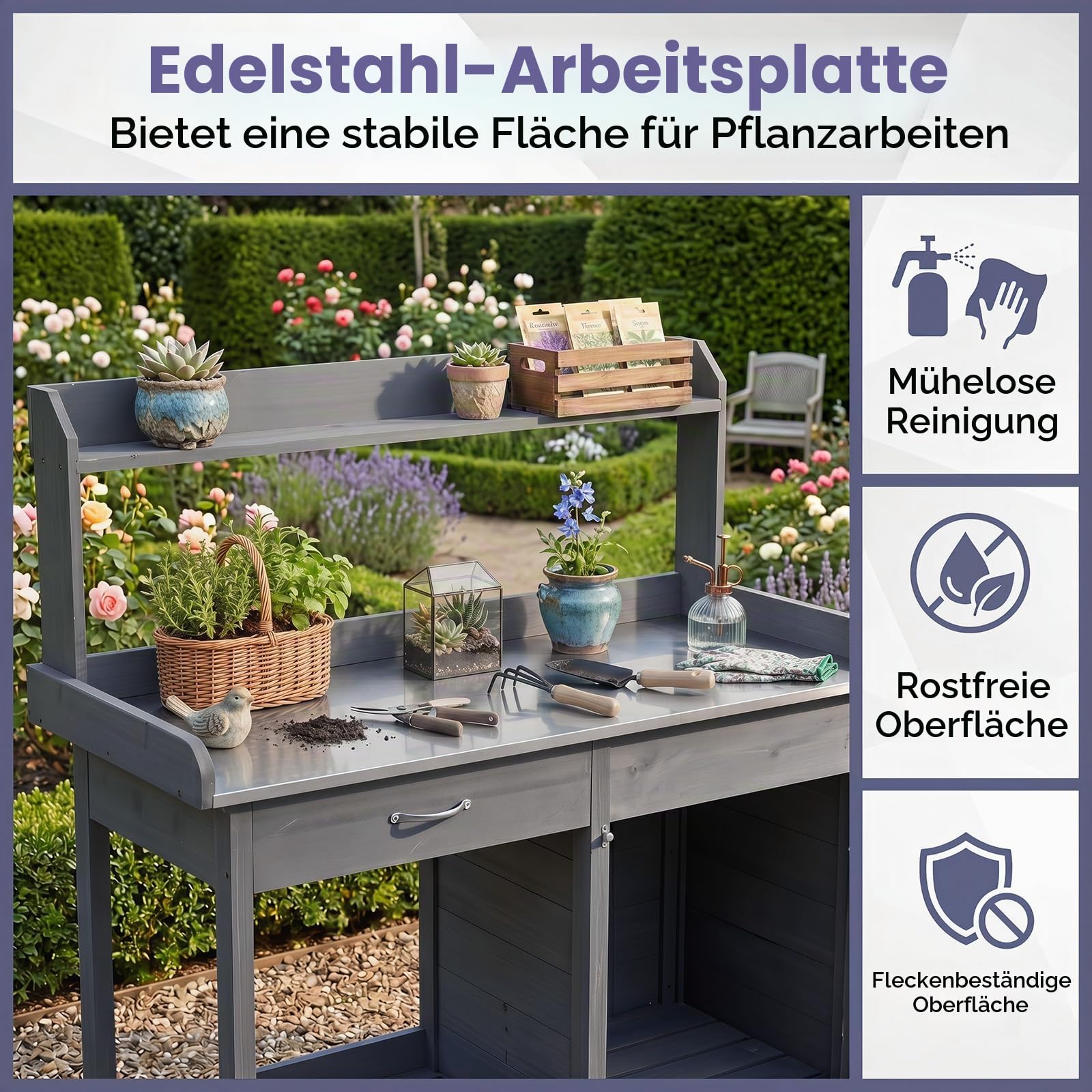 RELAX4LIFE Pflanztisch Outdoor, Gartentisch Holz mit Schubladen, Unterschrank, Edelstahlplatte & Haken, Gartenschrank Wetterfest, Gartenarbeitstisch für Garten & Balkon, 112 x 46,5 x 125 cm (Grau)