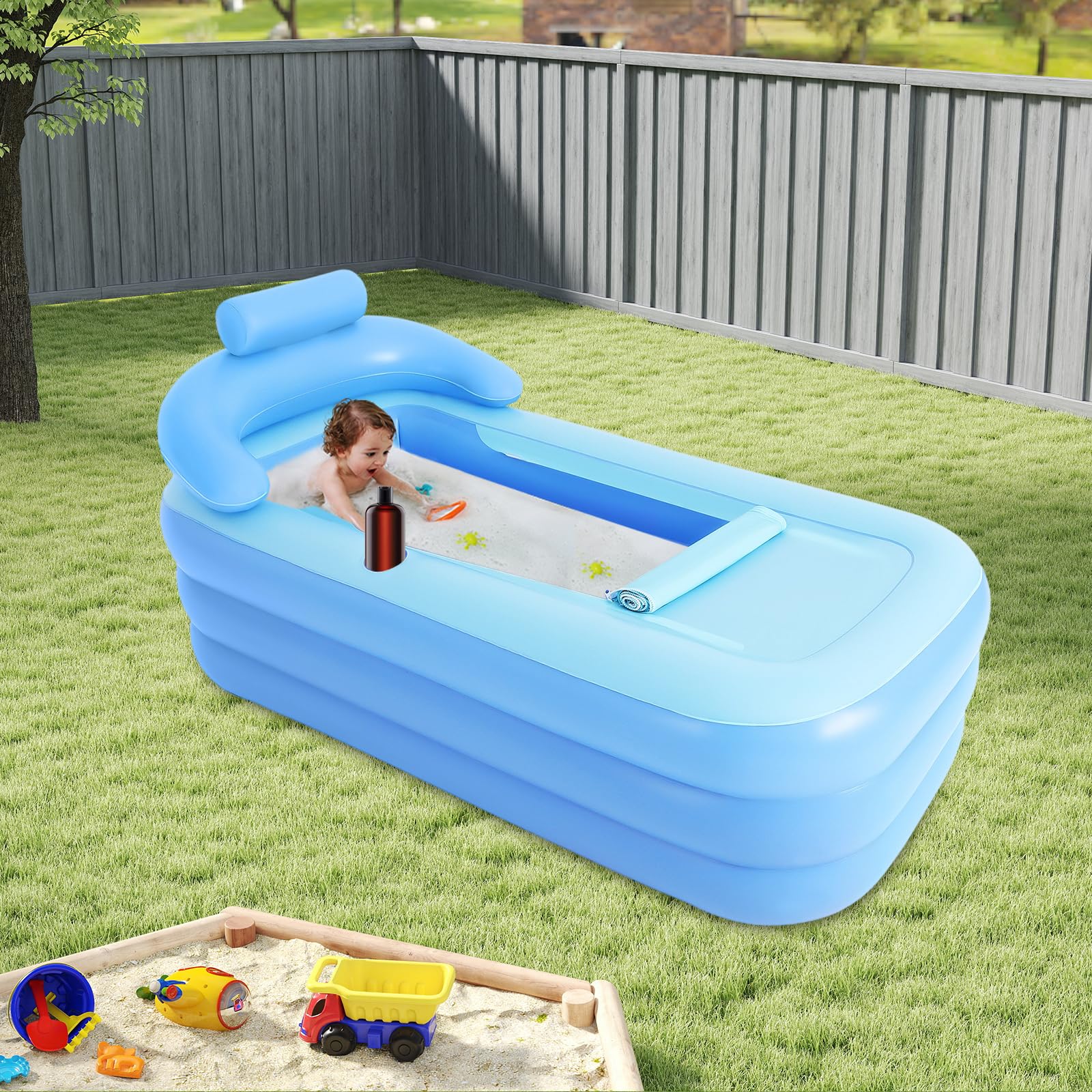 Baignoire gonflable bleue 160 x 84 x 64 cm, baignoire gonflable pliable avec fond rembourré et appui-tête, baignoire gonflable portable pour adultes, idéale pour la maison, le camping et l'extérieur