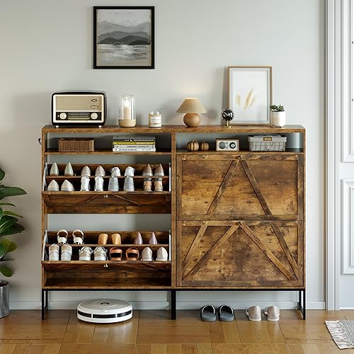 Miniatura 3 de PARTPHONER Armario de almacenamiento de zapatos con 2 cajones abatibles, organizador de zapatos independiente, marrón rústico