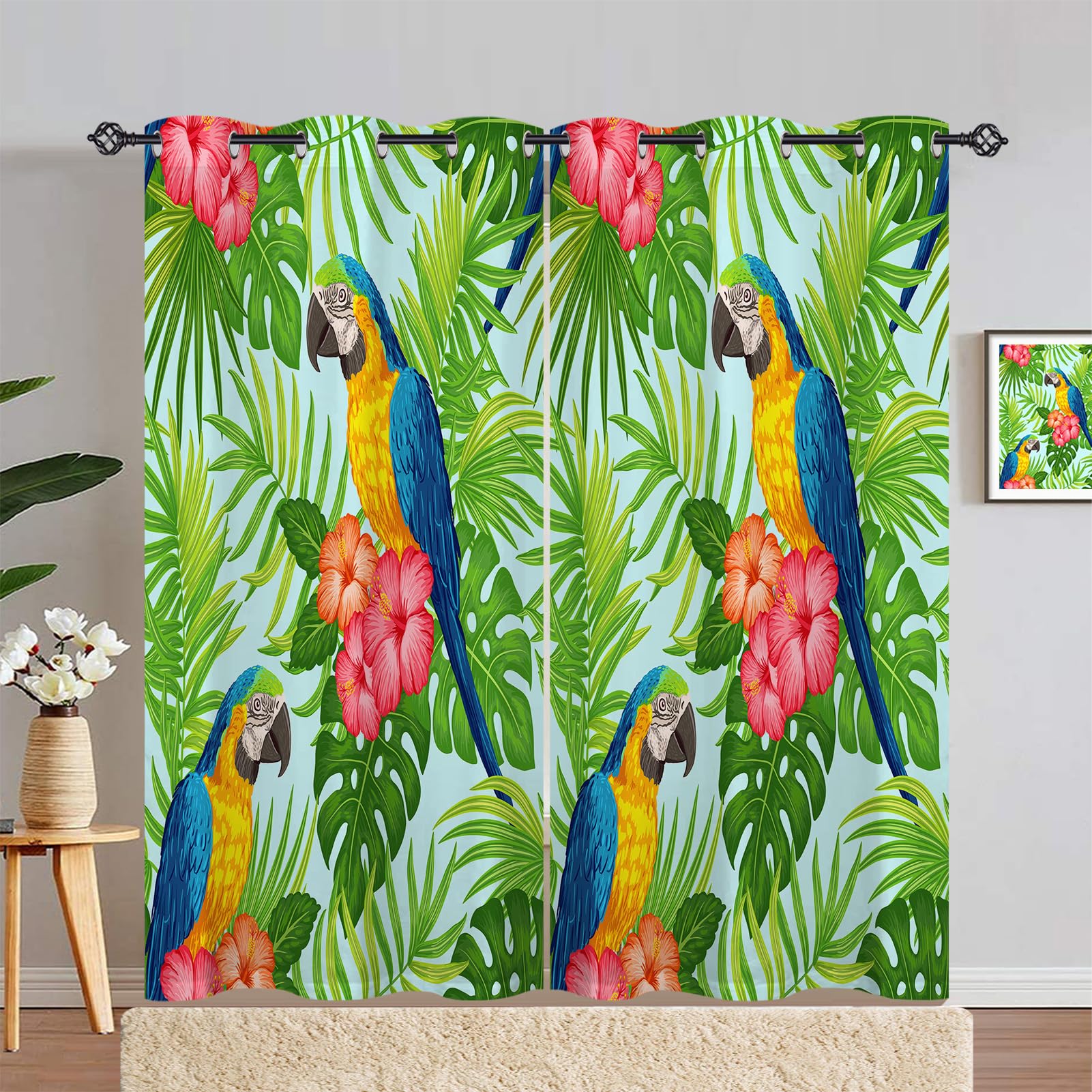 ANHOPE Parrot Curtains Eyelet Thermal Insulated Blackout Curtains Tropical Jungle Palm Leaf Floral Macaw Print Pattern Ring Top Window Drapes for Bedroom Living Room 46 x 84 Inch Drop 2 Panels — image 1