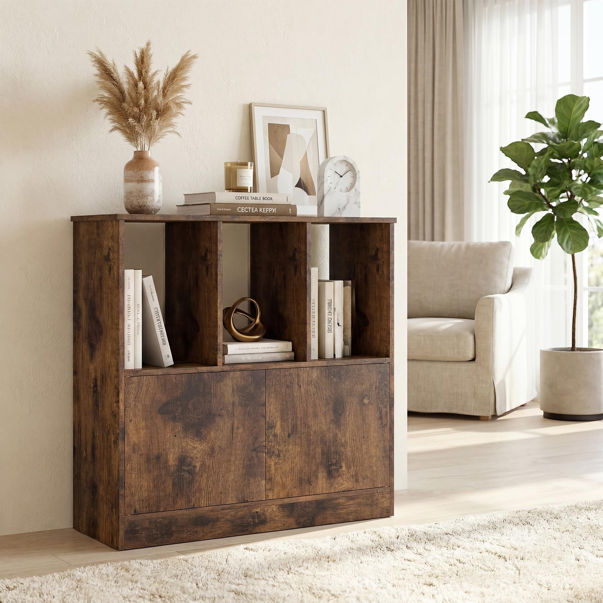 KOMFOTTEU Librería con 3 Compartimentos Abiertos, Estantería para Libros con Armario de Puertas, Mueble de Almacenamiento con Dispositivo Antivuelco para Salón, Oficina, 70 x 30 x 70 cm (Marrón)